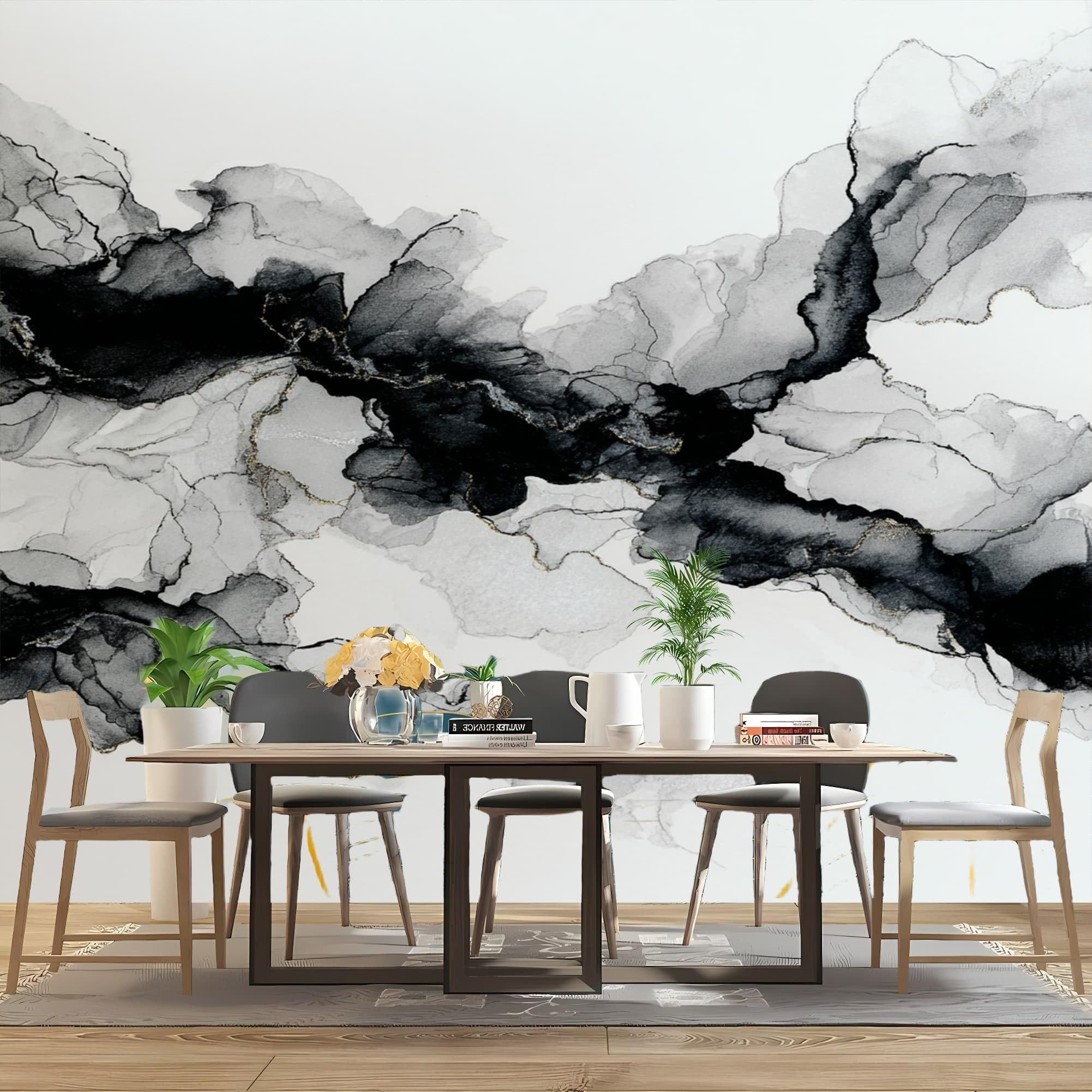 Sztuka ścienna 3D tapeta z włókniny szer. 250 x wys. 175 cm czarno-biała fototapeta naklejki, chiński atrament płynna tapeta mural plakat dekoracja do sypialni salonu korytarza (nie samoprzylepna)