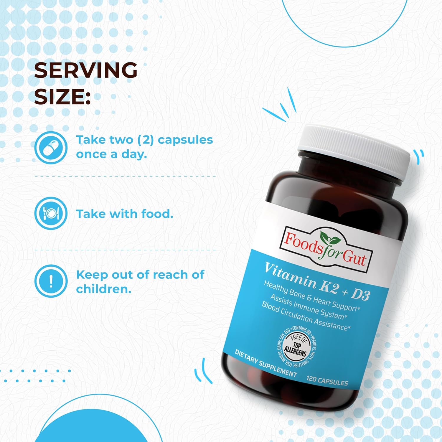 Foods For Gut Vitamin K2 (MK7) D3 & BioPerine® Black Pepper Extract | 120 Capsules | Free of Top Allergens | Bone Health | Mood & Energy Support |