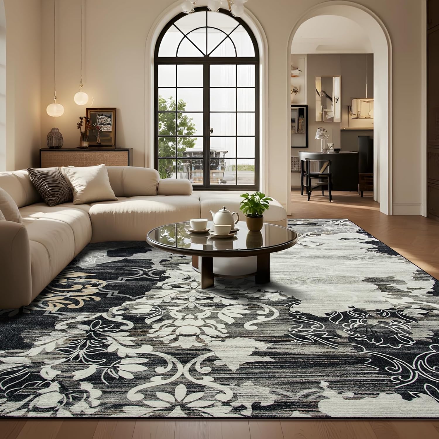 CRYPTOLITE Abstract Area Rug 5x7 Washable Rug with Non-Slip Backing Low Pile Area Rug Area Rugs for Living Room, Bedroom, Dining Room, Black