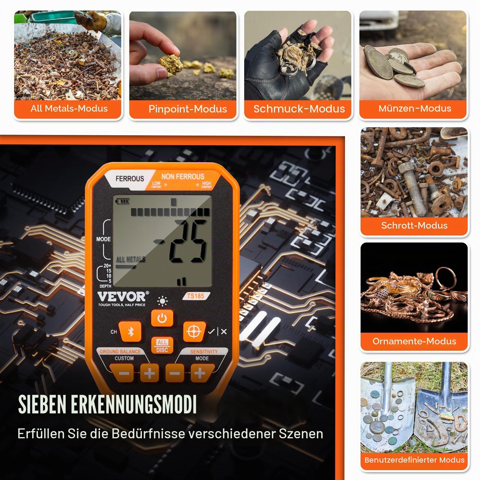 VEVOR Metalldetektor Profi, Metal Detector mit 30 cm Suchspule, 7 Mode, IP68 Tauchtiefe bis zu 3 m Goldsucher mit Verstellbarem Griff Golddetektor inkl. Bluetooth-Headset Präzisions-Ortungsgerät