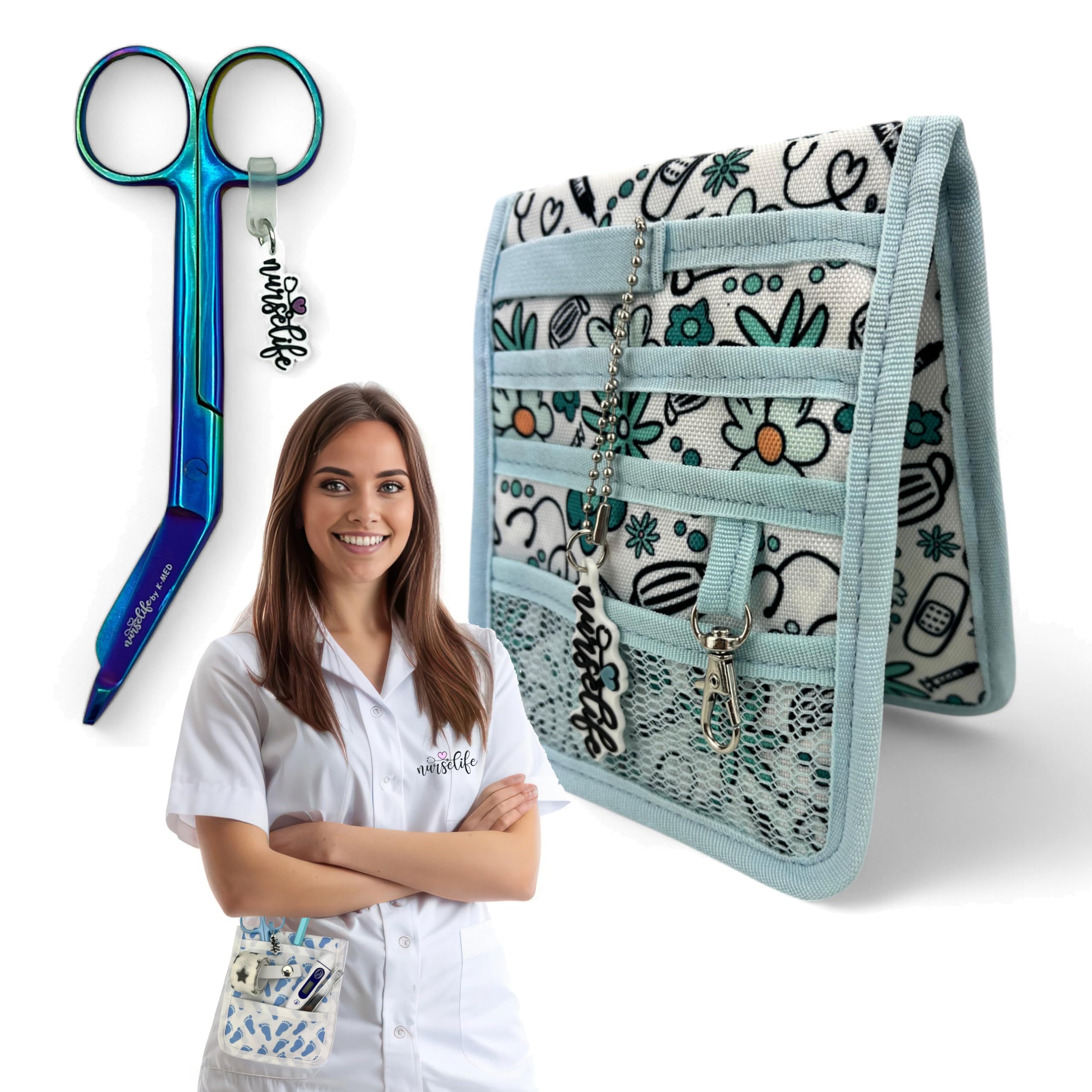 Nurse Life Organizer Tascabile Per Infermieri Con Porta Forbici - 4 Magneti, 6 Scomparti - Blu Fiori