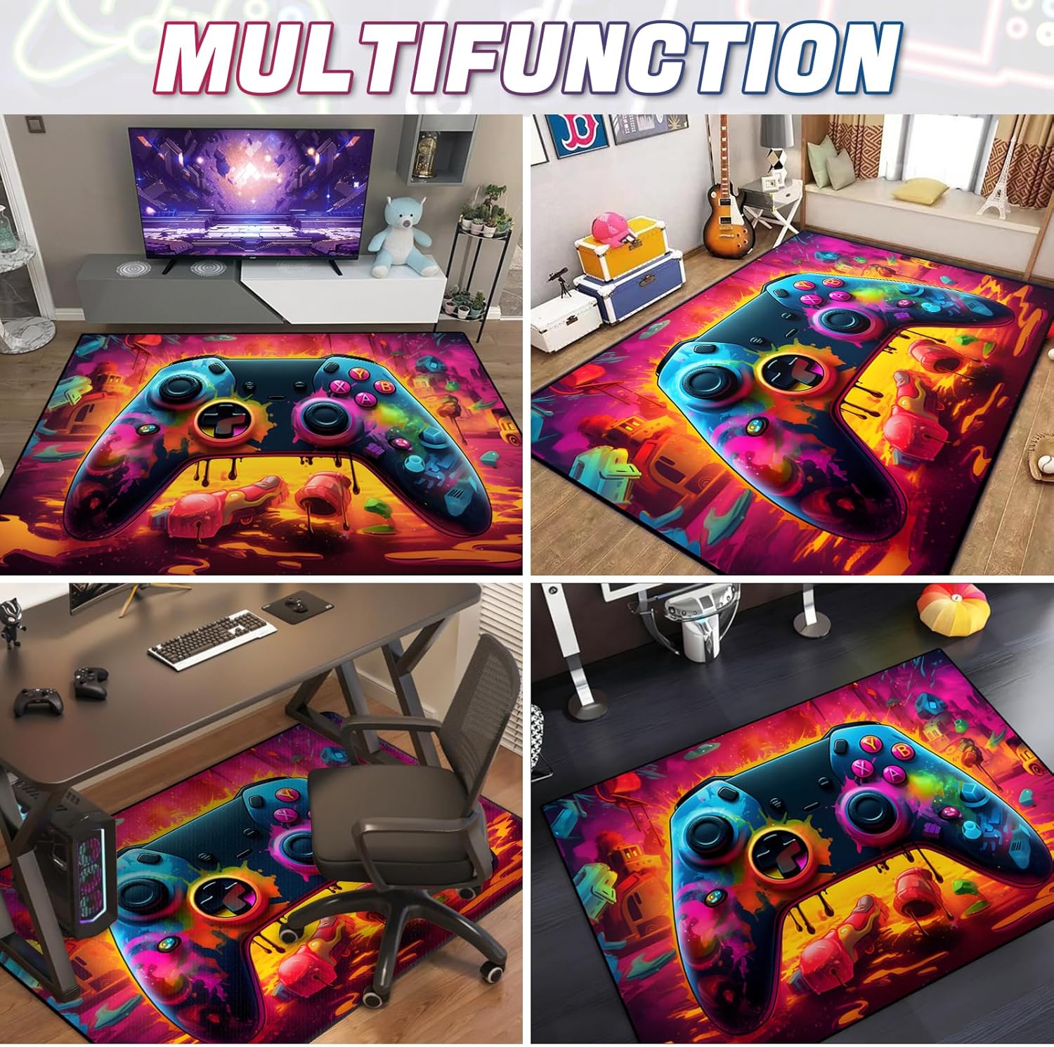 Gaming Area Rug Teen Boys Carpet, Lava Design Gamepad and Colorful Bomb Background Game Controller Design for Game Room, Gaming Room, Boys Girls Bedroom Playroom, Living Room (79"x59" - 200x150cm)