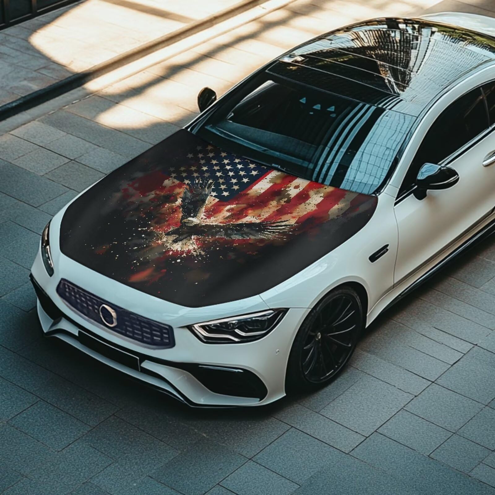 Qiyupavto Car Hood Cover American Flag Eagle Blurred Design Stretchable Car Hood Protector Auto Patriotic Decorations Waterproof Sun-Proof — view 3