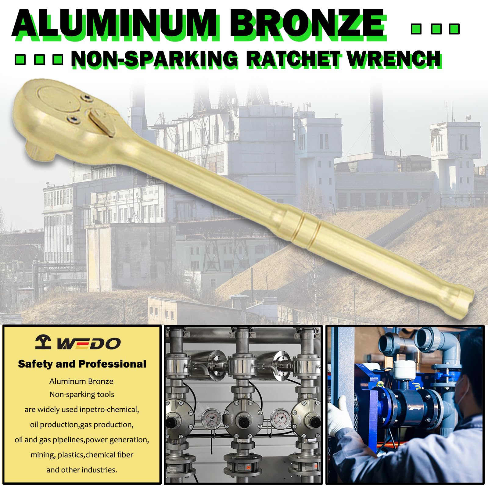 WEDO Juego de 2 trinquetes sin chispas, llave de trinquete de 1/2 pulgada de 250 mm, barra de extensión de 1/2 pulgada de 100 mm, bronce de aluminio, resistente a la corrosión, certificado BAM & FM,