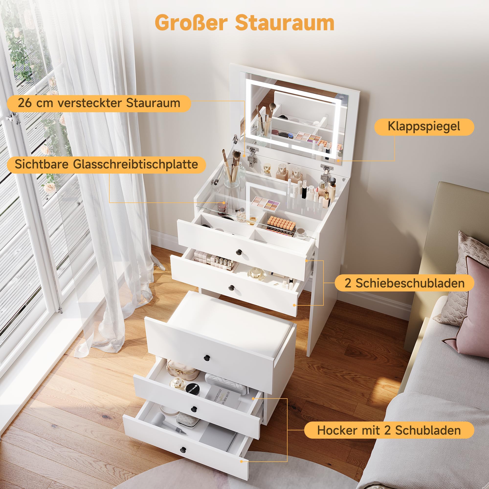 SONNI Schminktisch 3 in 1 mit Klappspiegel 4 Schubladen LED Weiß 60x45x83cm | Frisiertisch mit Sichtbarer Glasplatte, Hocker mit 4 Universalrollen, Kosmetiktisch für Schlafzimmer, Wohnung, Loft, Wohnheim