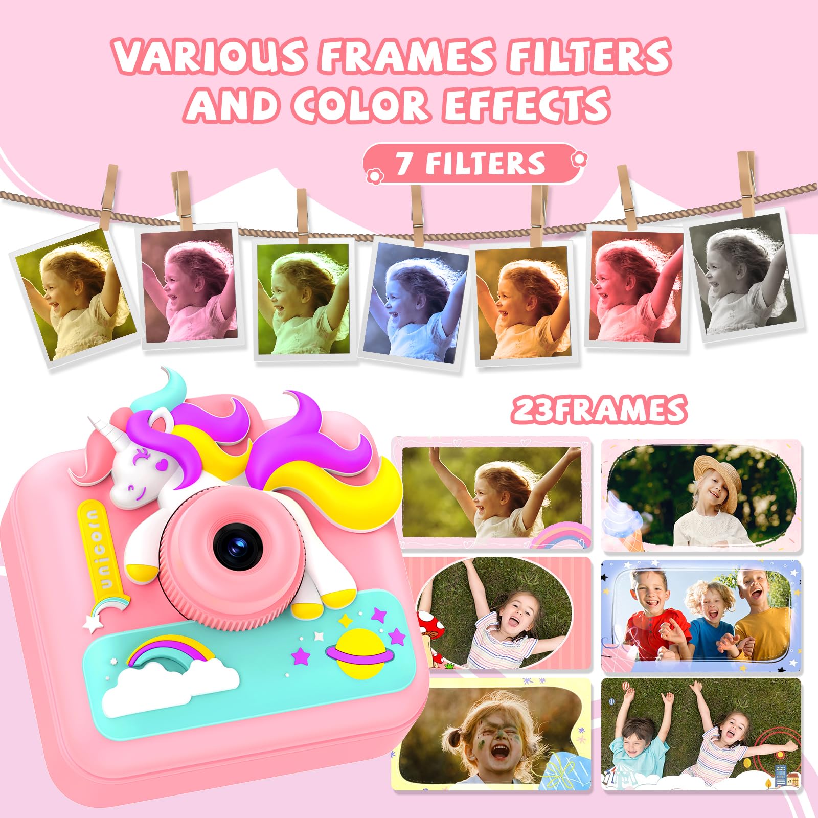 Macchina Fotografica Bambini Istantanea, 2,4 Pollici 1080P Fotocamera Bambini Selfie Giocattolo Regalo di Natale Bambino e Bambina 3 4 5 6 7 8 Anni, 32GB Scheda
