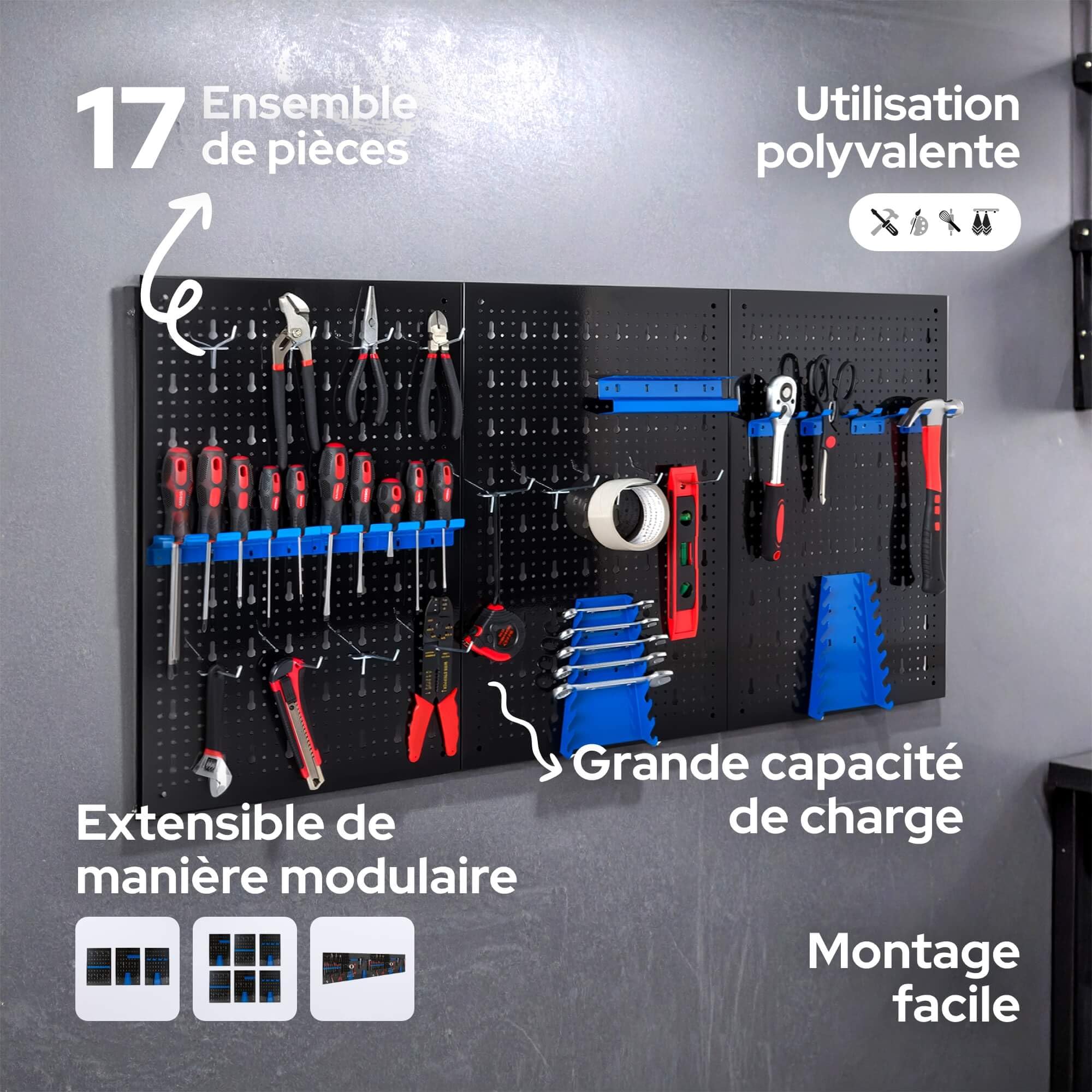 Arebos Paroi à outils en trois parties | Jeu de 17 crochets bleu | 117,6 x 59,5 x 2 cm | Paroi à outils perforée en métal + supports + matériel de montage