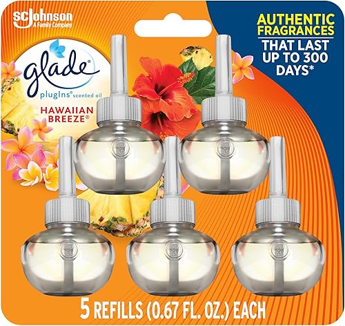 Glade PlugIns - Repuestos de ambientador, aceites esenciales perfumados para el hogar y el baño, aroma Hawaiian Breeze, 3.35onzas, 5unidades