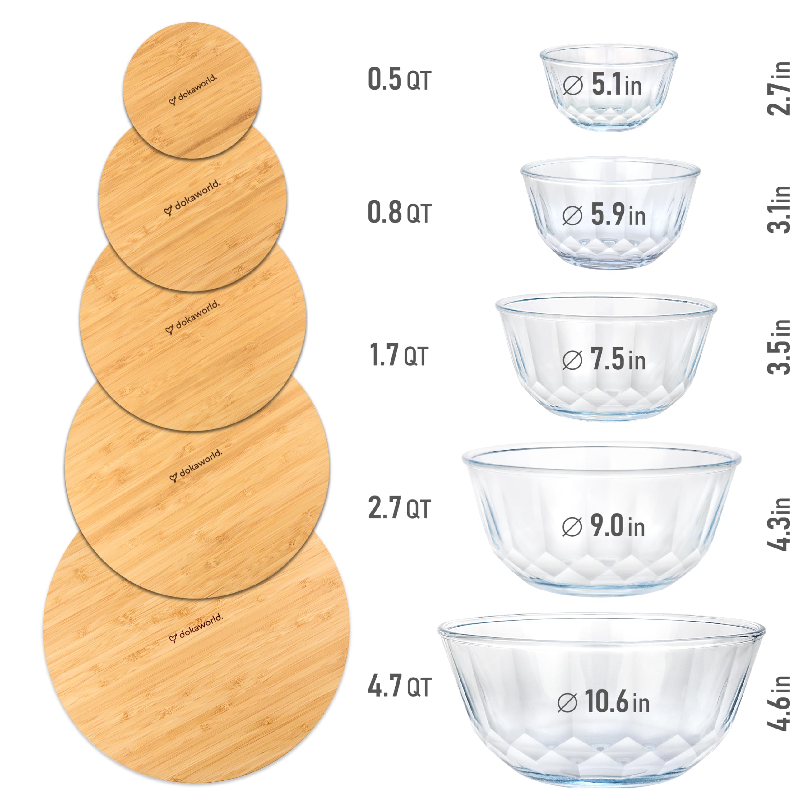 Stapelbares, platzsparendes Set mit 5 stapelbaren Glasschalen mit Bambusdeckeln für Lebensmittelzubereitung, Aufbewahrung, Backen, Mischen und Kochen, mikrowellen- und ofenfest, BPA-frei