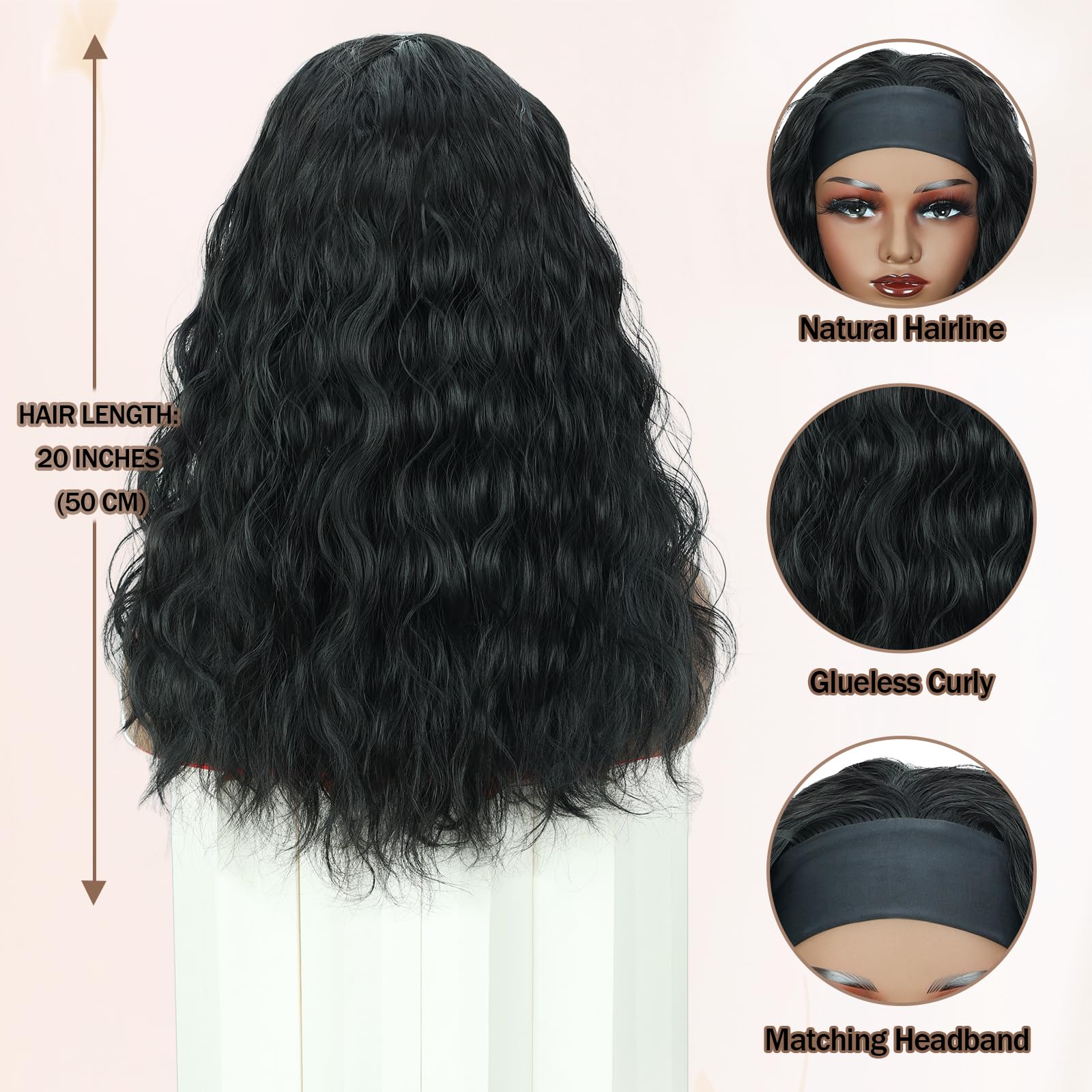 Creamily Long Black Curly Headband Wig for Women,Wavy Synthetic Hair Wig with Headband, Glueless None Lace Front Wigs,Hair Wigs for Woman Full Head(Black, 20 Inches) 3