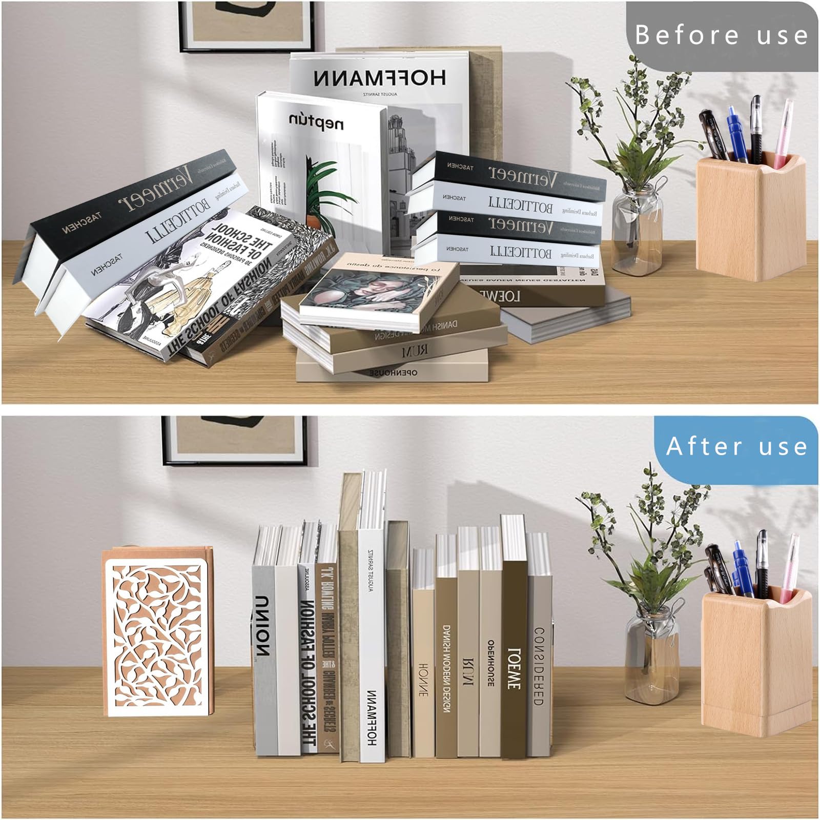 Sujetalibros, Sujeta Libros de Metal, Apoya Libros Estanteria Blanco para Oficina, Escuelas, Biblioteca, Soporte Libros 1 Pares (Blanco Hiedra)