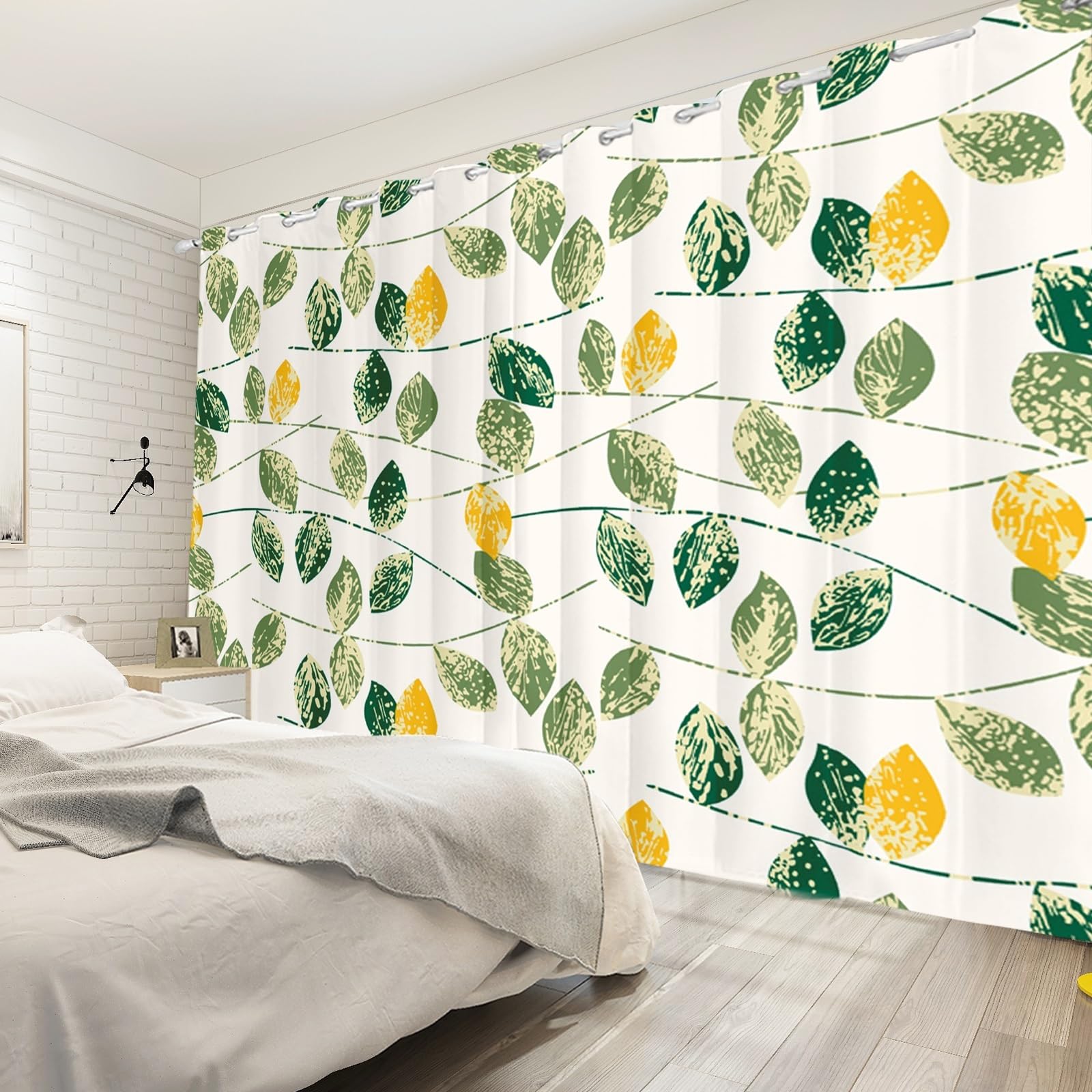 ggaimwf 132x214cm Leaf Blackout Curtain Green Yellow Leaves Seamless Retro Painting Eyelet Drapes Thermal Insulated Grommet Window Treatments for Living Room Bedroom Dining Room,Single Panel - Image 3