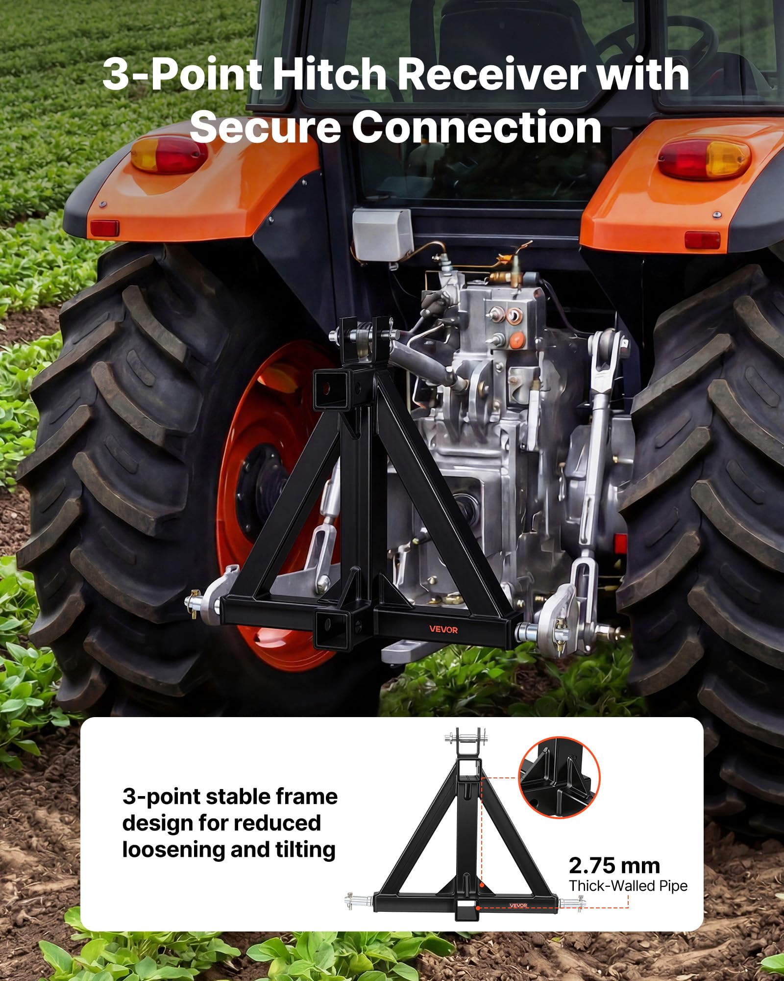VEVOR Attelage de Remorque 3 Points avec 2 Récepteurs 50,8 mm Triangle d'Attelage, Adaptateur de Remorquage pour Tracteur Catégorie 1, Compatible avec Kubota, John Deere, Ford, Massey Ferguson, Yanmar