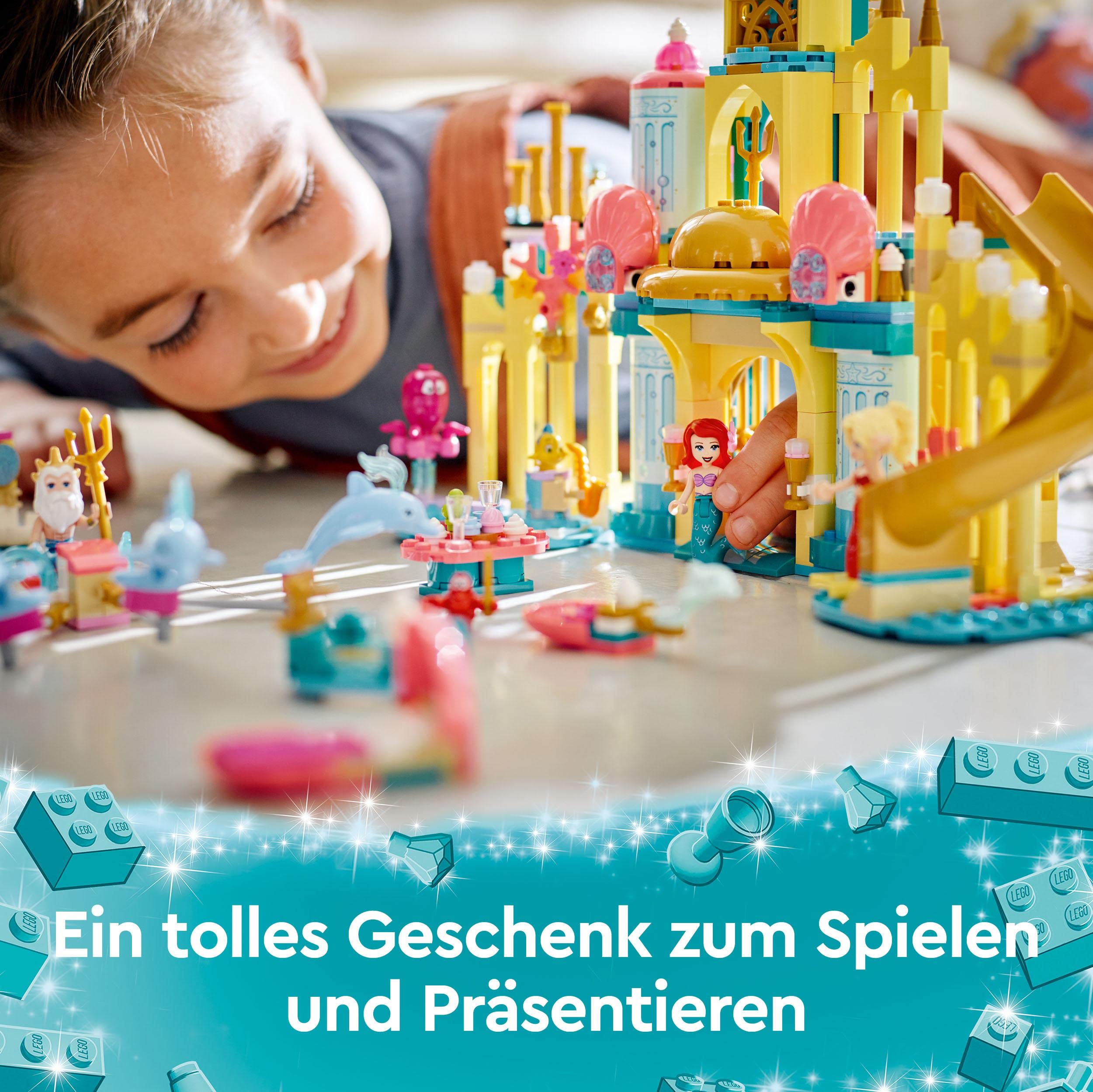 LEGO 43207 Disney Arielles Unterwasserschloss, Geschenkidee für Mädchen und Jungen ab 6 Jahren mit Arielle die kleine Meerjungfrau und 4 Delfin-Figuren