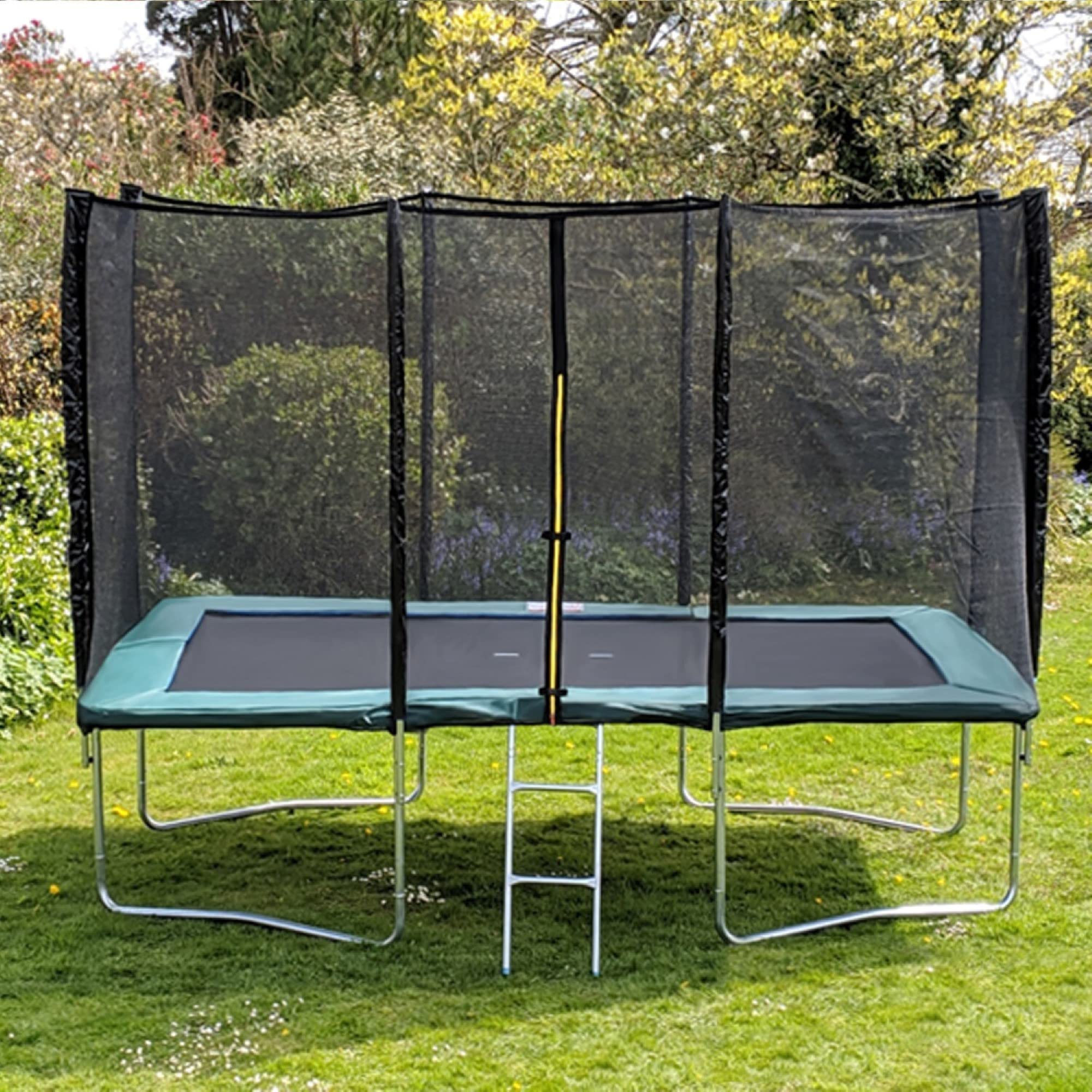 Acrobat 9x14FT or 427cm x 274cm Rectangular Trampoline with Green Coloured Padding, Safety Net Enclosure and Ladder