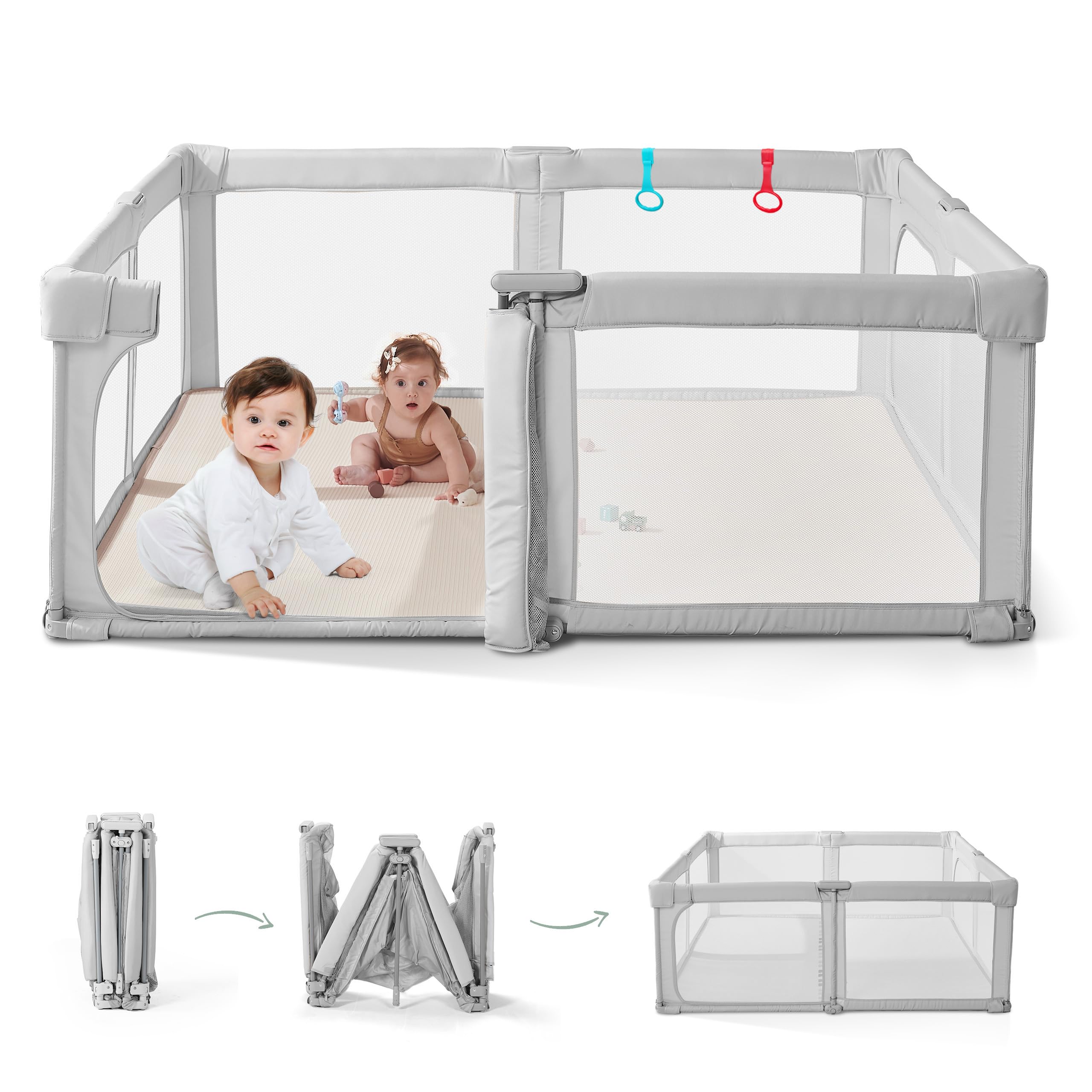 Box per bambini con box pieghevole con porta per adulti, facile da montare, telaio in acciaio imbottito da giardino, robusta penna da gioco, rete traspirante per interni ed esterni, recinzione per
