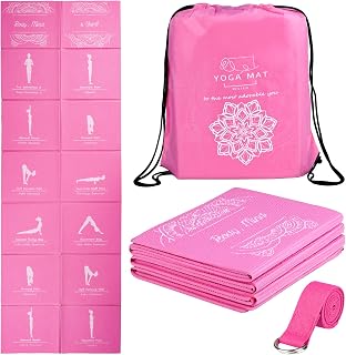RUILIXIN Foldable Yoga Mat for Women - Non-Slip 5mm Thick Travel Exercise Mat Set with Strap & Bag for Pilates Fitness, 68x24 Inch