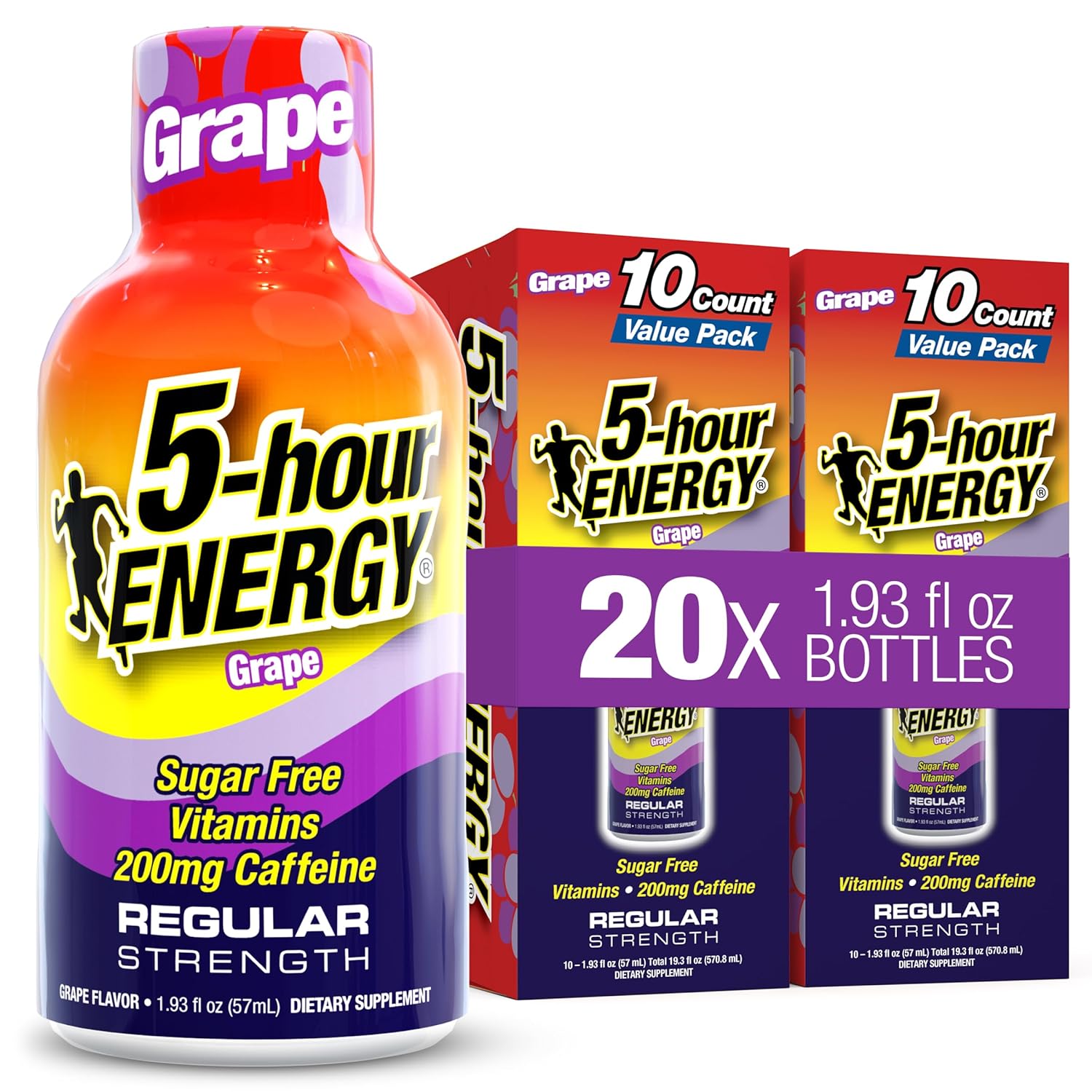 5-hour ENERGY GRAPE Flavor, 20 Count, 1.93 Fl Oz Energy Shot, Regular Strength, Amino Acids, B Vitamins, Sugar Free and Zero Calories