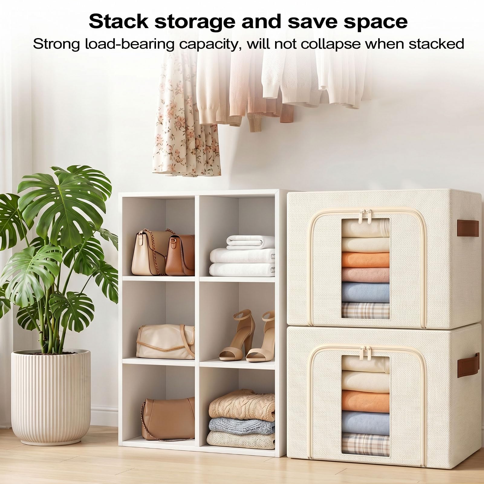 Borsa portaoggetti pieghevole in metallo: contenitore impilabile con coperchio per il guardaroba, organizer per biancheria da letto (beige 3 x 100 L)