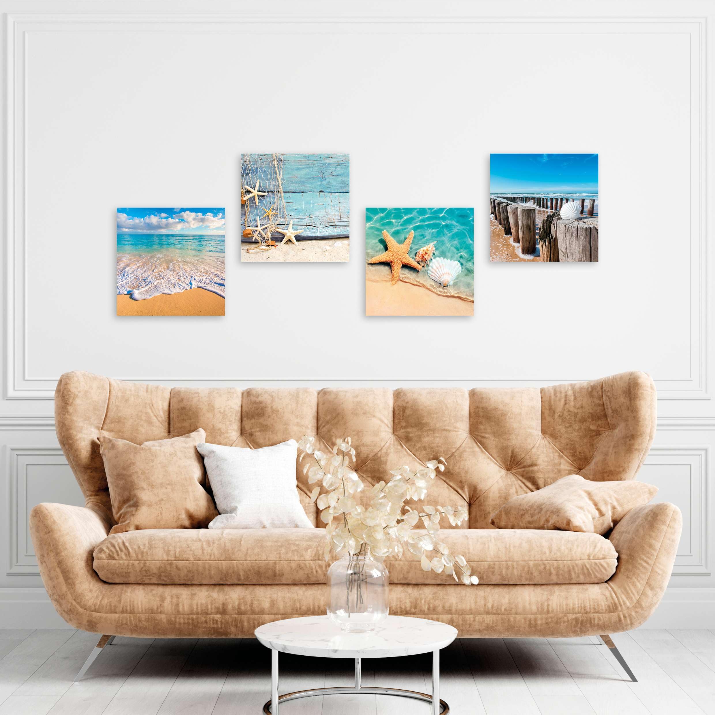 LuxHomeDecor Set di 4 Quadri 30x30 cm - Stampa su Tela con Telaio in Legno - Mare e Spiaggia con Conchiglie, Stelle Marine e Paesaggi Marini Rilassanti