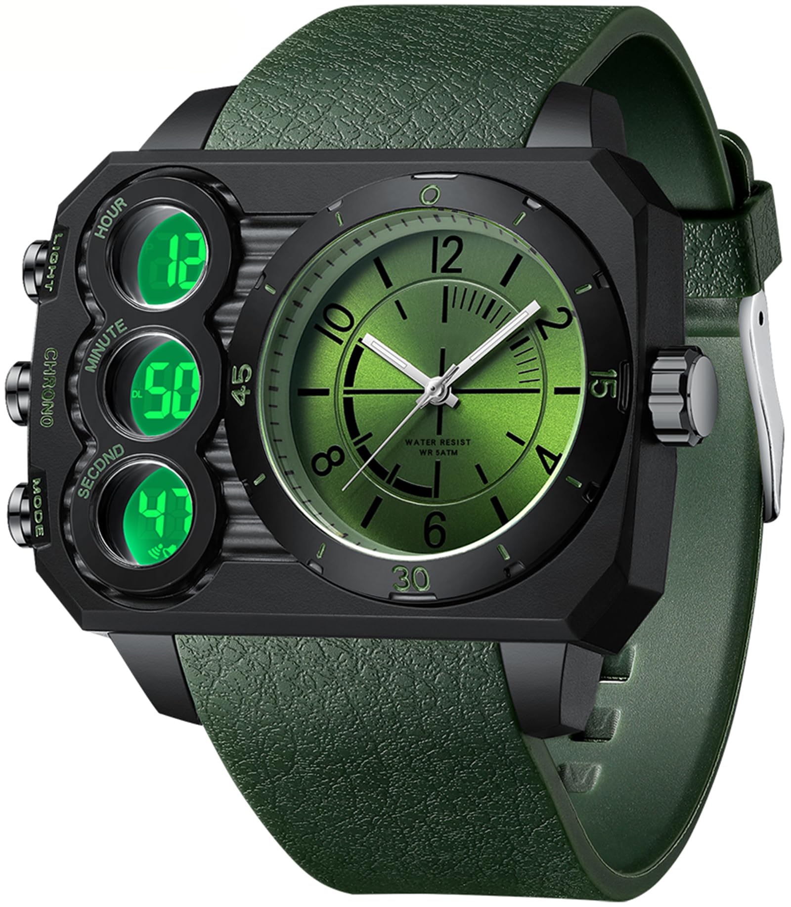 findtime Relojes rectangulares para hombre, digital, analógico, grande, militar, resistente al agua, 5 ATM, reloj deportivo para hombre, reloj táctico, cronómetro, 12/24 horas, tres zonas horarias