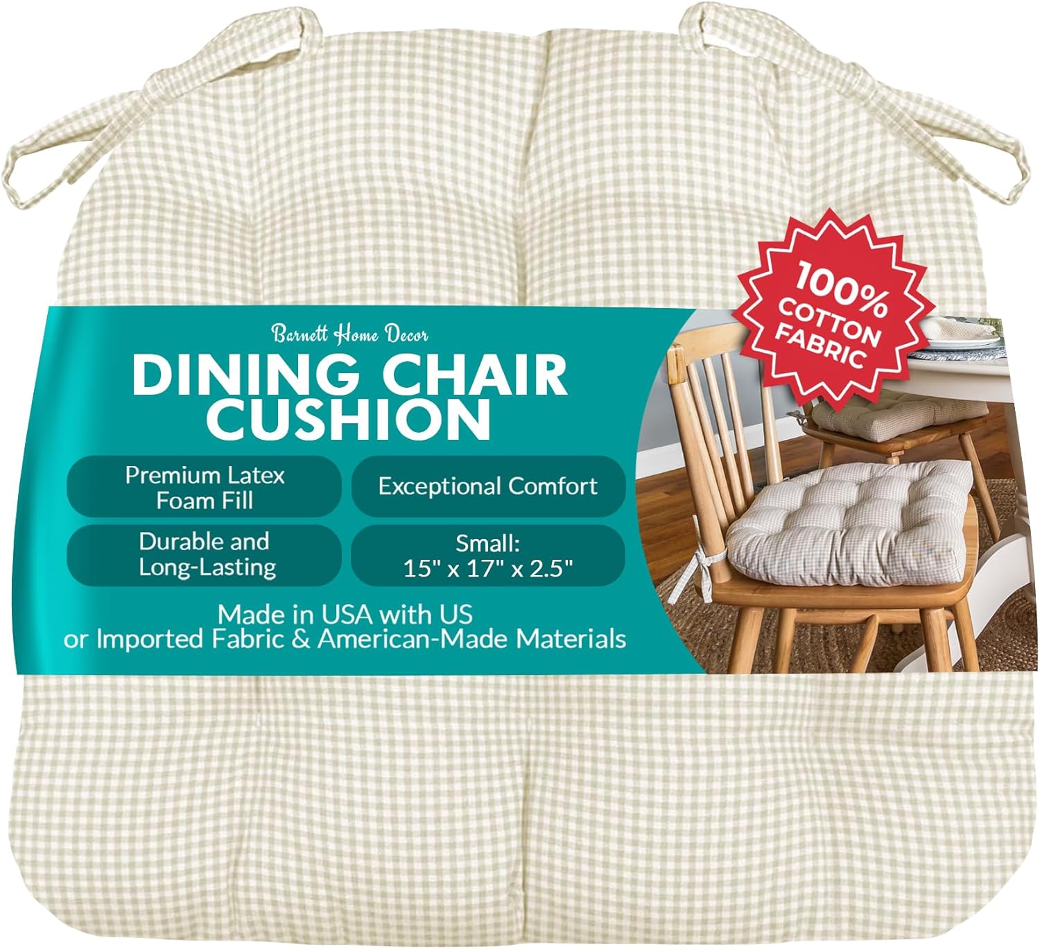 Barnett Home Decor Madrid Natural Dining Chair Pad with Ties - 15 x 17 Size Small Chair Cushion - Latex Foam Fill - Machine Washable, Reversible, 100% Cotton, Made in USA (Neutral Gingham Check)