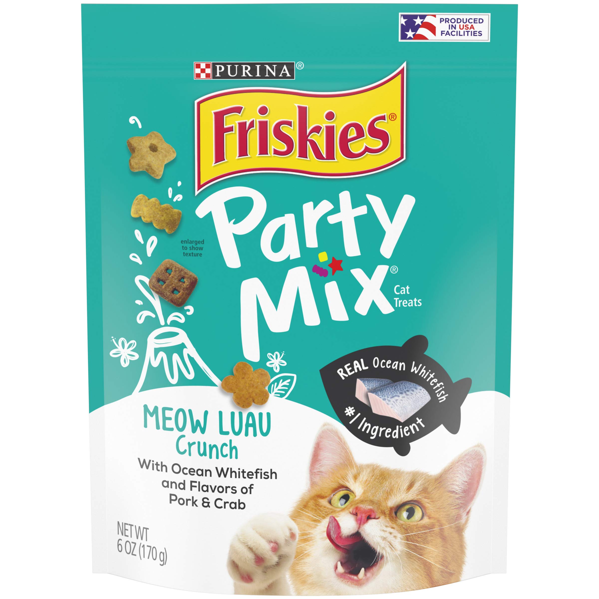 Purina Friskies Made in USA Facilities Cat Treats, Party Mix Meow Luau Crunch - (6) 6 oz. Pouches