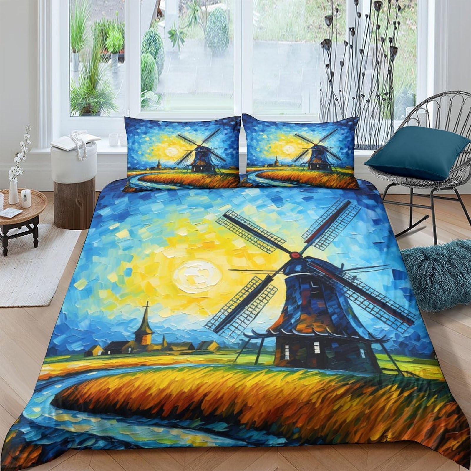 XFKLYNVCJ 3D Printed Dutch windmill Duvet Cover Polyester Impressionist landscape Bedding Cover Wrinkle Resistant Fade Resistant Hypoallergenic for All Season Home Bedroom Use Super king（260x220cm）