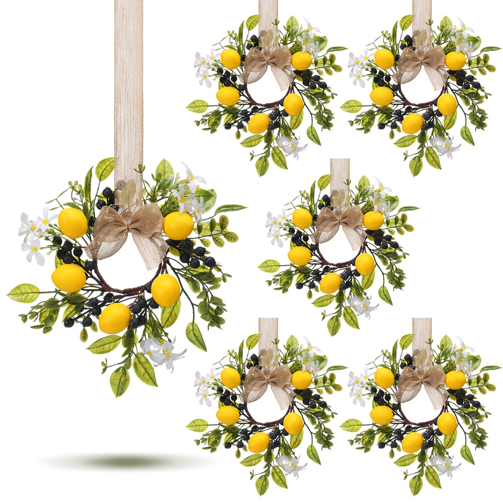 Photo 1 of 6pcs 6 Pcs 9" Lemon Wreaths Blueberry Eucalyptus Cabinet Flowered Swag Wreaths with Spring Lemons Berries Greenery Farmhouse White Flowers for Kitchen Decor Cabinets Doors Windows (Summer)