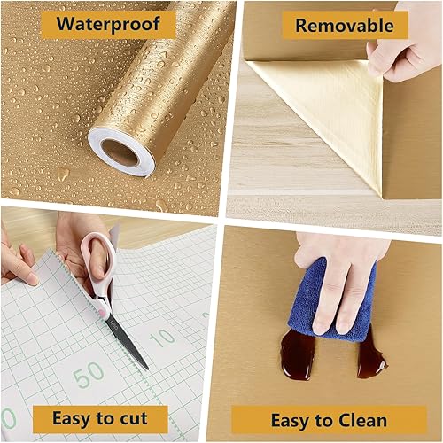 Miniatura 6 de HotDecor Papel tapiz metálico de acero inoxidable dorado de 17.7 x 315 pulgadas, a prueba de aceite, impermeable, para armarios, encimeras, cocina,
