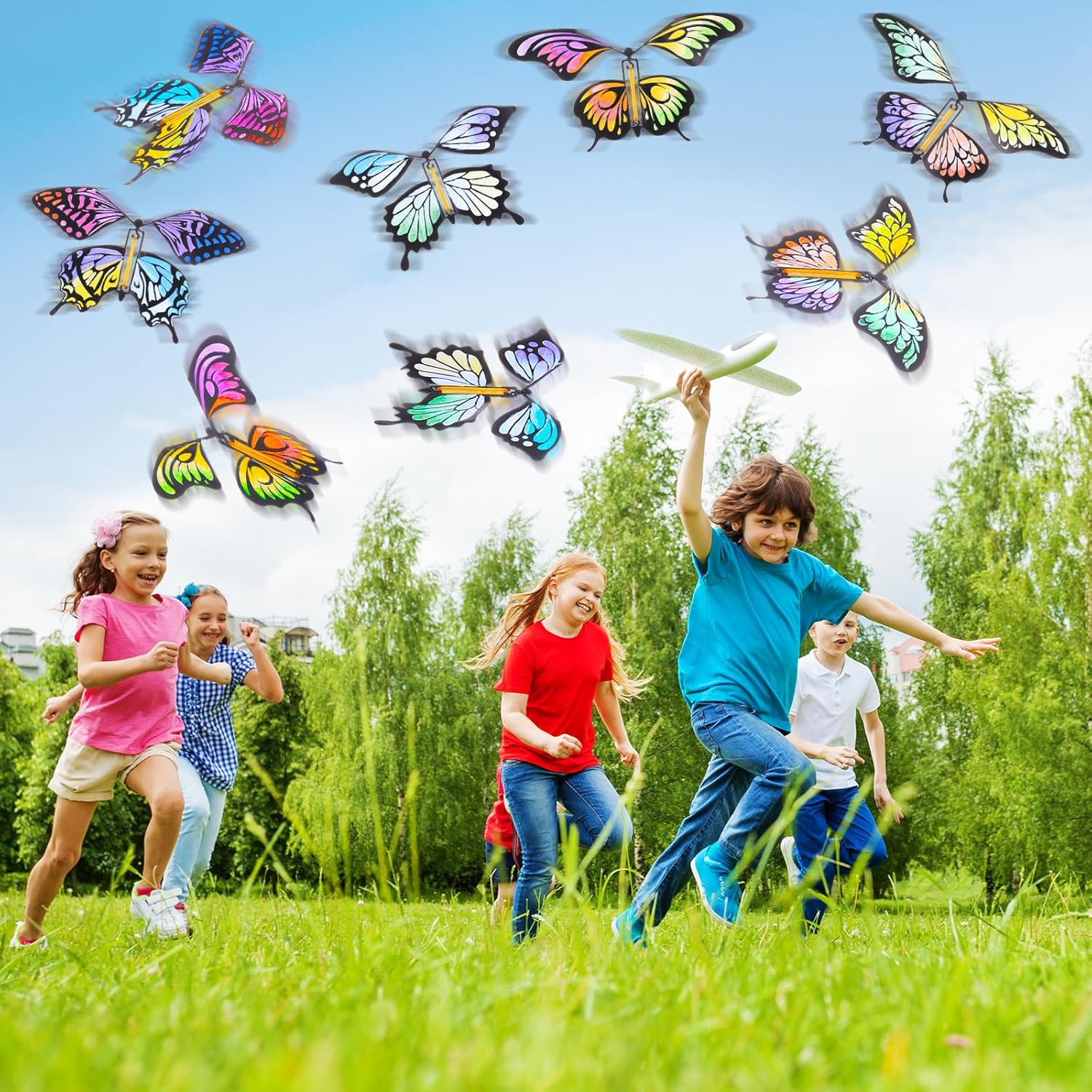 44 Pcs Flying Butterfly Craft Kit with 32 Wind up Butterflies and 12 Color Pens People Painting White Paper Butterflies DIY Toy for Party Game School Activity Birthday Gift (Style 1)