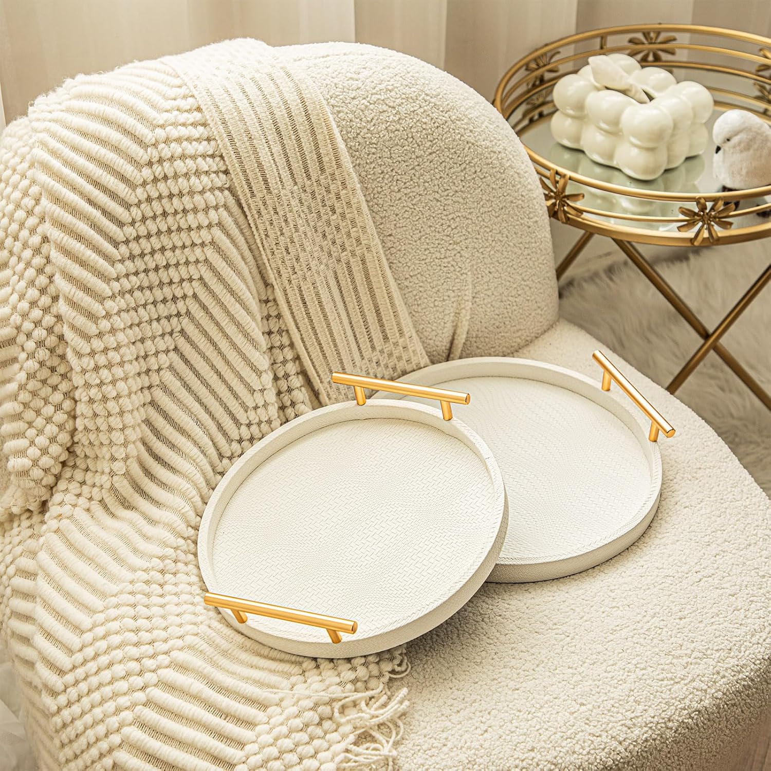 2 Piece White Round Serving Tray with Handles, Woven-Texture Faux Leather Ottoman Tray for Living Room, Decorative Tray for Coffee Table Home Decor - Image 8