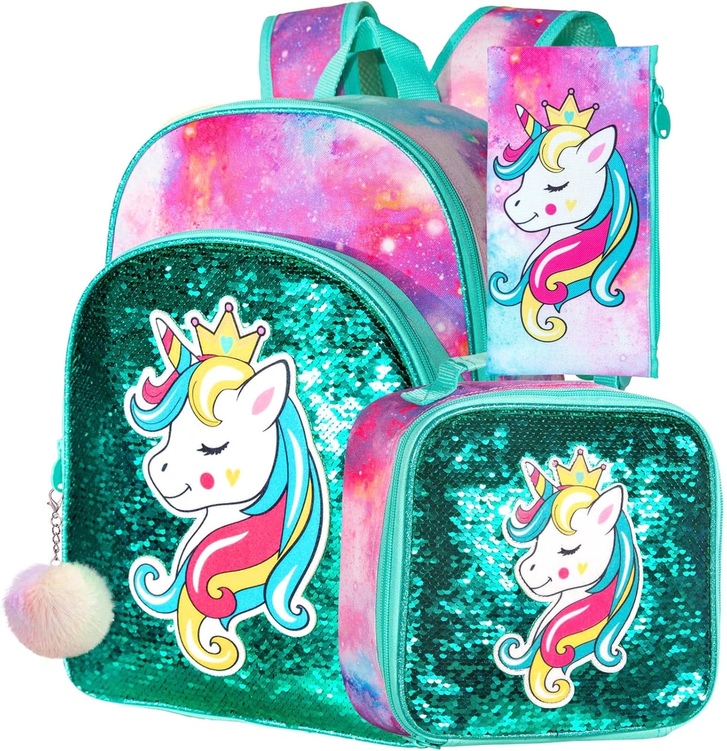 FTJCF 3PCS Unicorn Backpack for Girls, 16" Sequins Kids