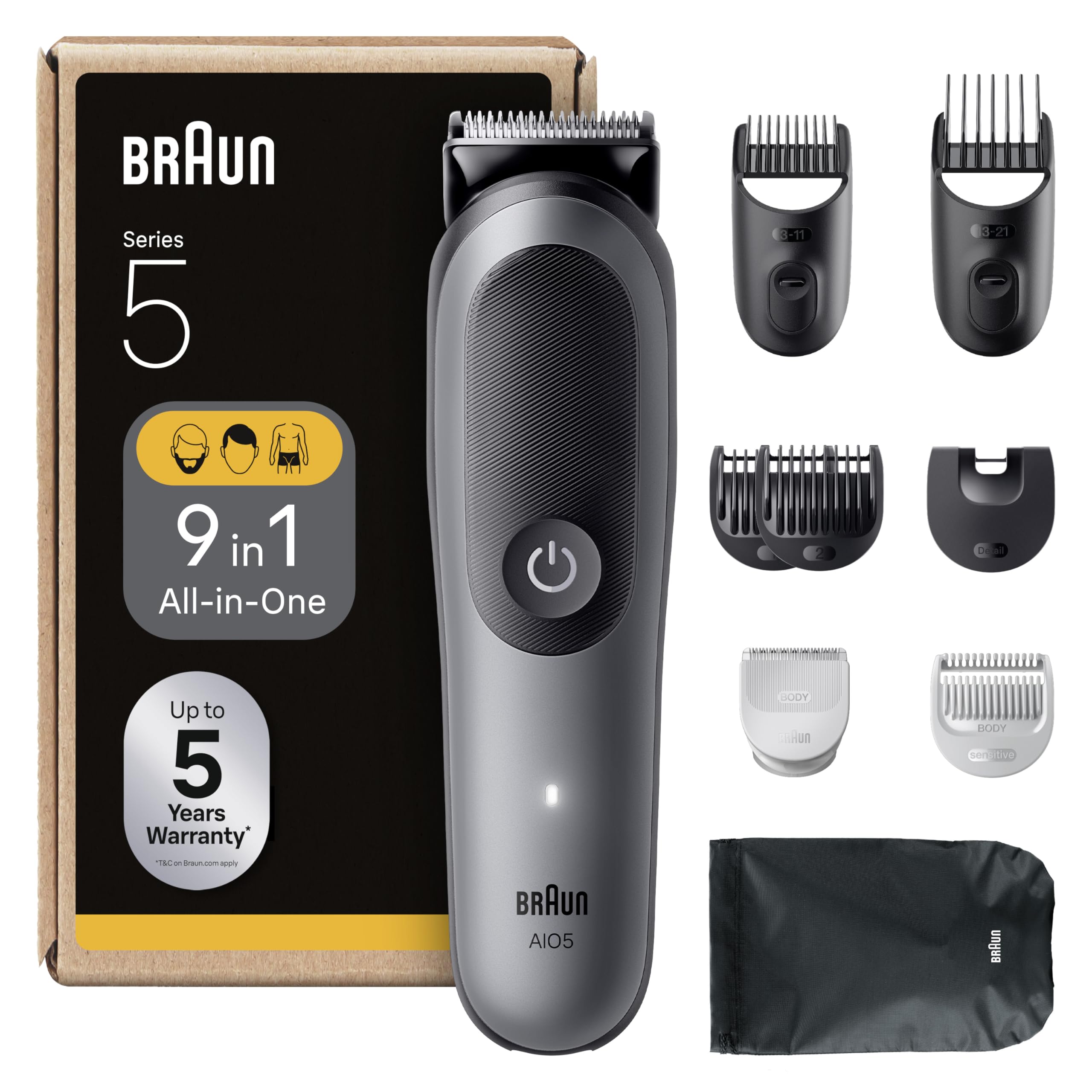 Braun Recortadora Todo En Uno Series 5, AIO5545, Kit De Styling 9en1 Para Barba, Pelo, Orejas, Nariz y Cuerpo, 120 Min, Cortapelos Hombre Con Lámina Ultra Afilada, Recorte Preciso Y Eficiente, Gris