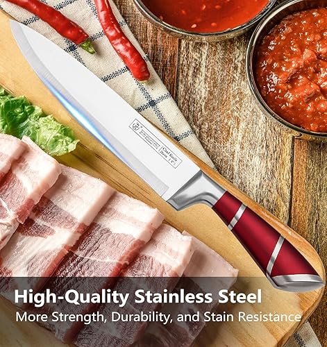 Miniatura 3 de Juego de 9 cuchillos de cocina rojos, juego de cuchillos de chef profesional, juego de bloques de cuchillos de acero inoxidable con tijeras, pelador