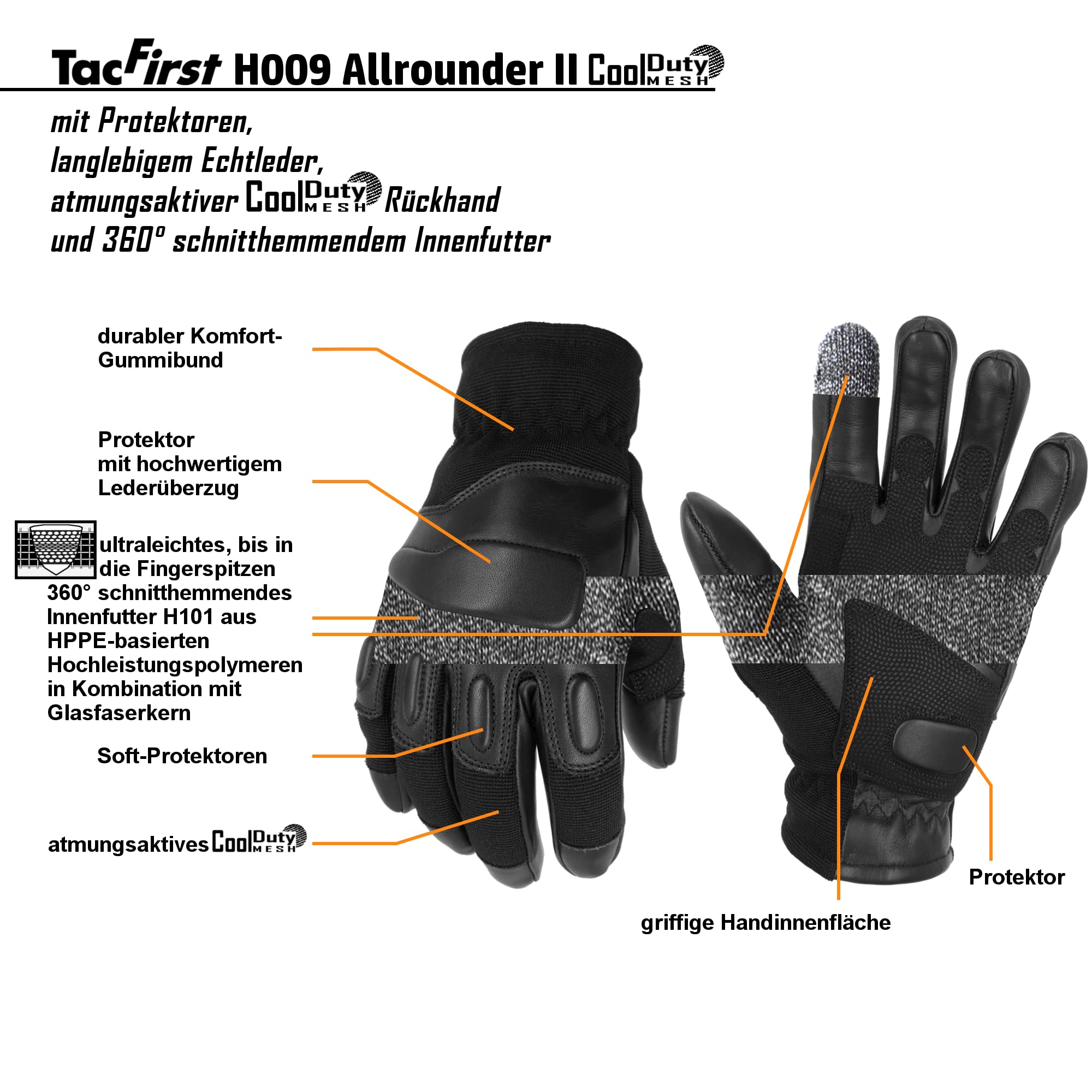 TacFirst Allrounder II Taktische Einsatzhandschuhe, Schnitthemmende Polizei, BW, SEK, Security Handschuhe