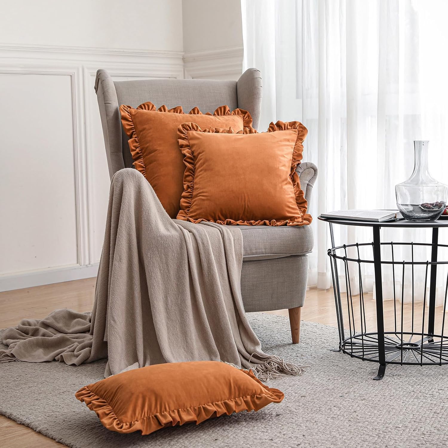 patdrea Designer Vintage Throw Pillow Covers 22"x22",Soft Velvet Durable Lumbar Pillows Cover,Farmhouse Decorative Pillow for Bed Living Room Car Outdoor Set (2 Pack Orange Square)