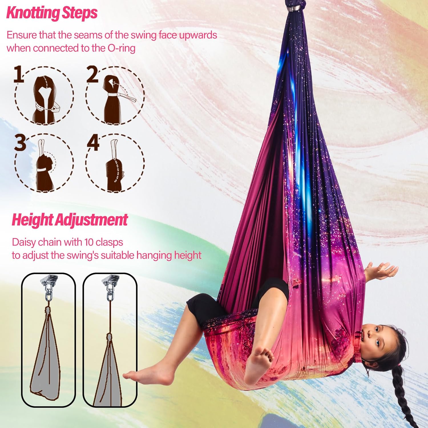 Sensory Swing for Kids & Adults Holds up to 300lbs Indoor & Outdoor Double Layer Therapy Cuddle Swing with 360° Swivel Hanger Kit for Calming, Effect for Autism, ADHD or SPD. (Fantasy Pink) - Image 6