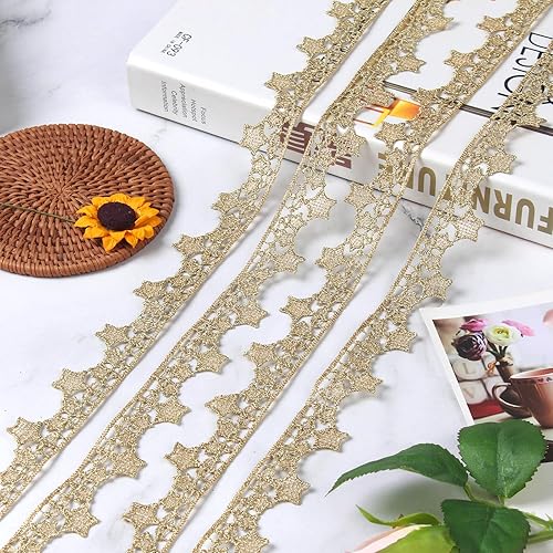 Miniatura 7 de Borde de encaje de 0.9 pulgadas de ancho para coser cinta de estrella, disfraz de manualidades (dorado #B22 (5 yardas))