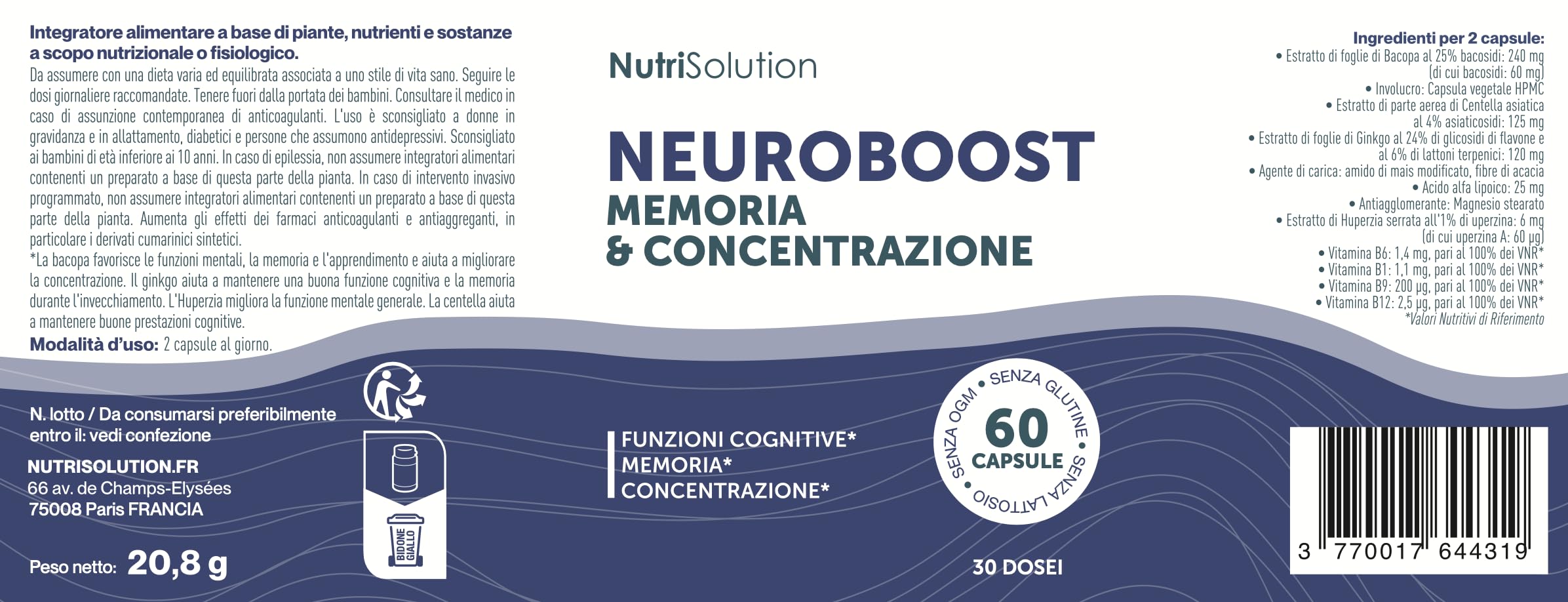 NutriSolution Neuro Boost - 6 confezioni | Integratore alimentare | 360 capsule | Prodotto in Francia