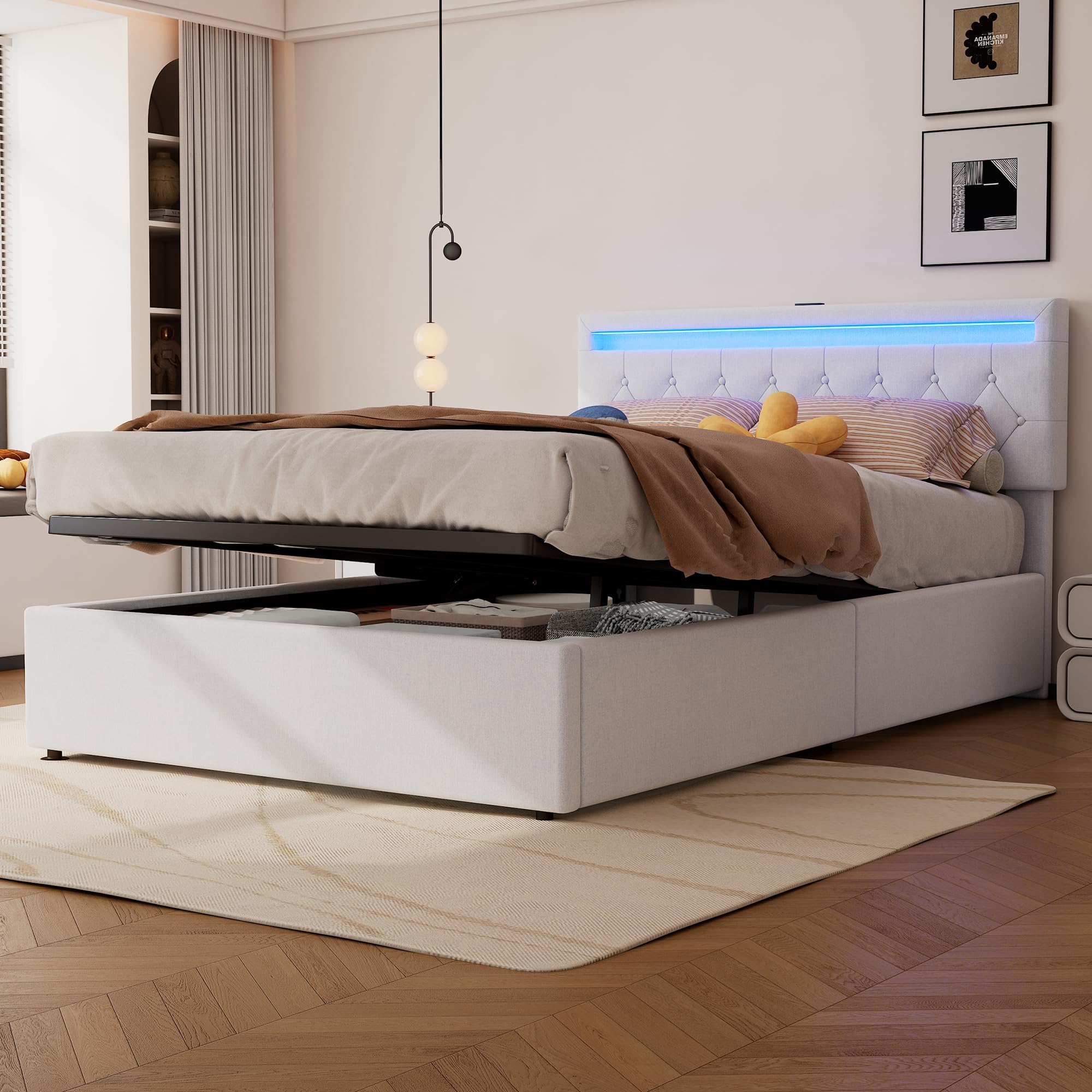 LAKFEW Cama Matrimonio Cama 140x200 cm con USB y LED, Camas Matrimoniales con Almacenamiento Hidráulico, Camas Juveniles Cama Doble con Cabecero Ajustable y Somier Metálico, Lino, Blanco, Sin Colchon