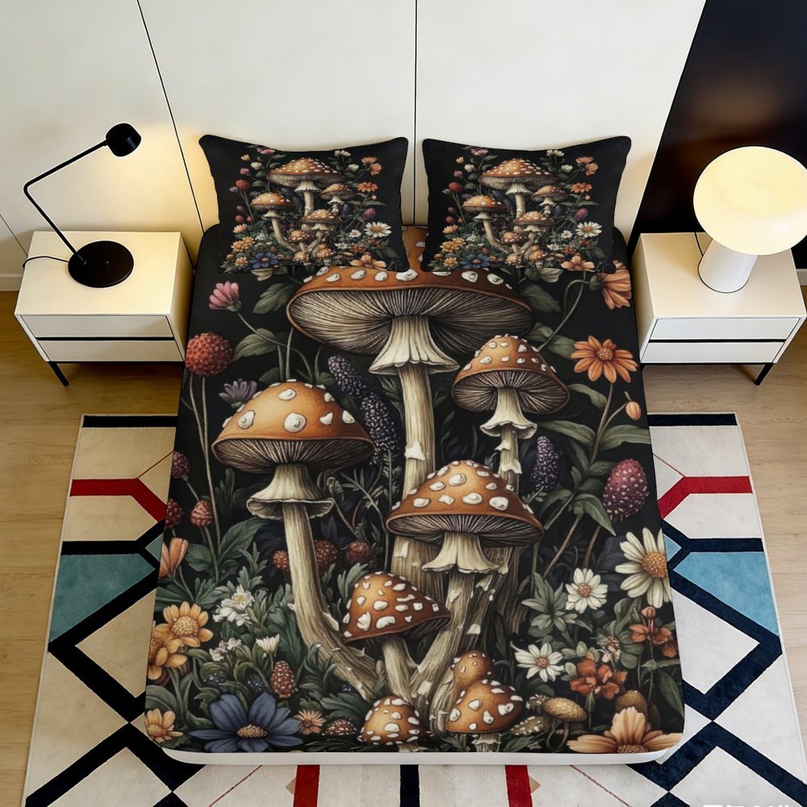 3D Printed Mushroom Forest Fitted Sheet Microfiber Soft Breathable Botanical Bed Cover for Bedroom Guest Room Decor 90x200x25cm