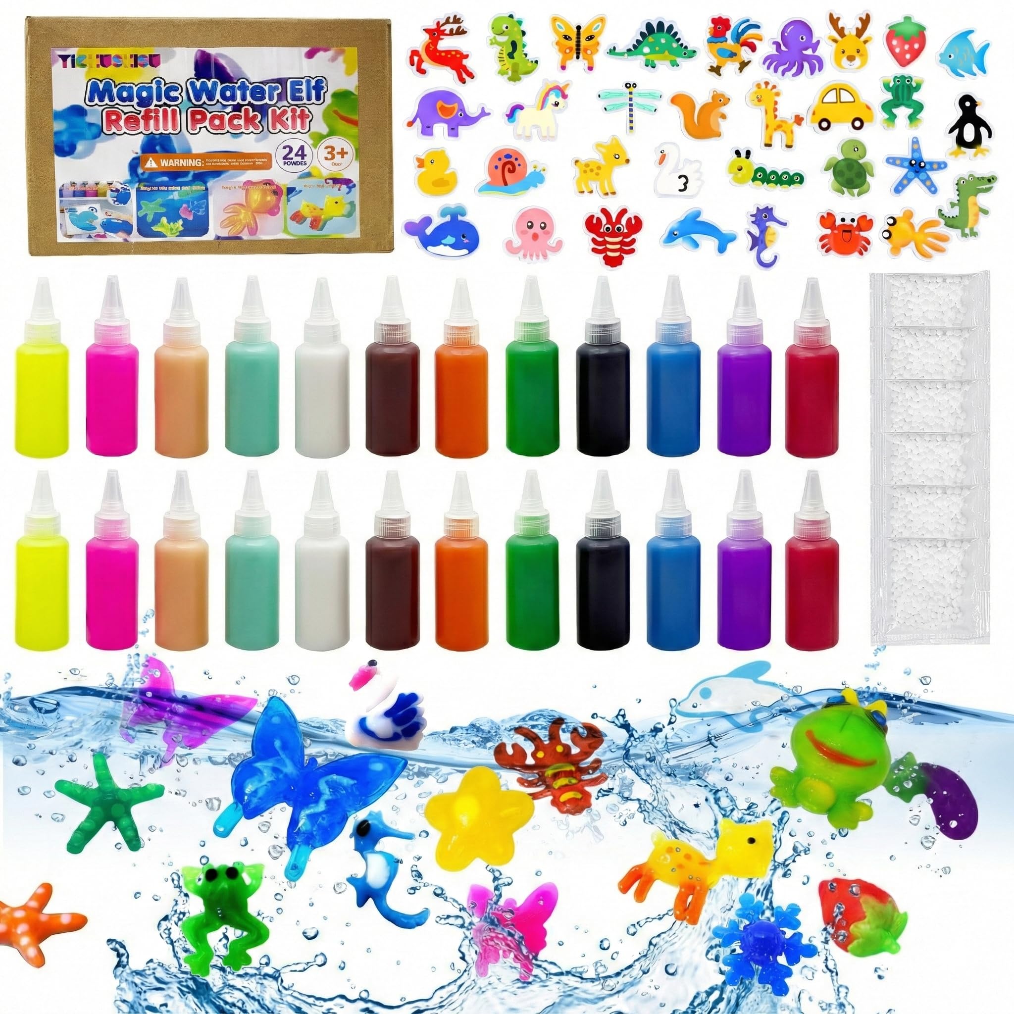Aqua Fairy Water Gel Kit Refill,24 Bottles & 32 Molds - Safe DIY Squishy Toy Maker for Rainy Day & Family Bonding - Creative Arts & Crafts Gift From
