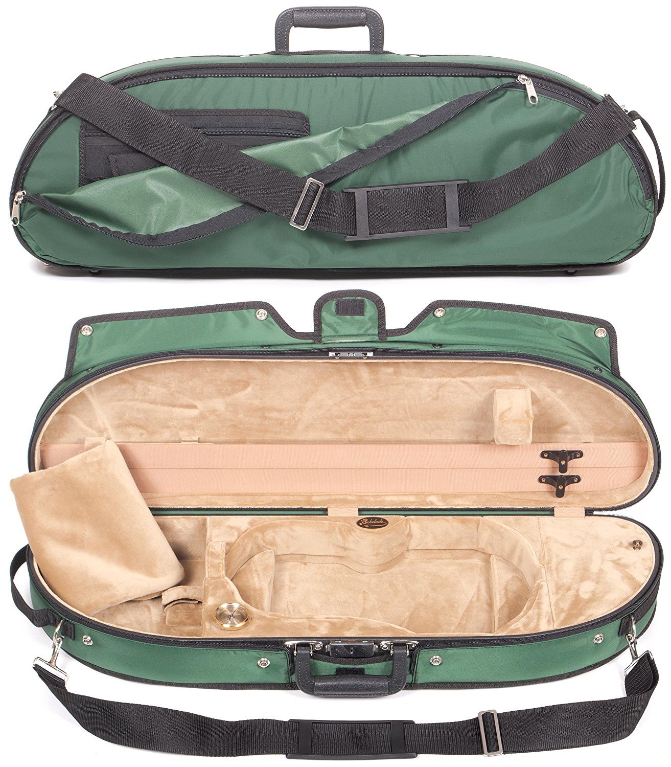 Bobelock Half Moon Puffy 1047P 4/4 Violin Case with Green Exterior and Tan Velour Interior