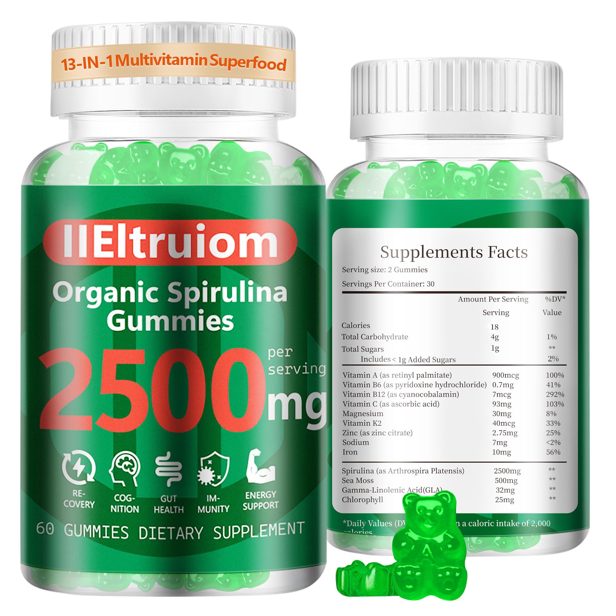 IIEltruiom Gomas de Spirulina, Musgo-marinho e Clorofila com Vitaminas e Minerais, 60 gomas
