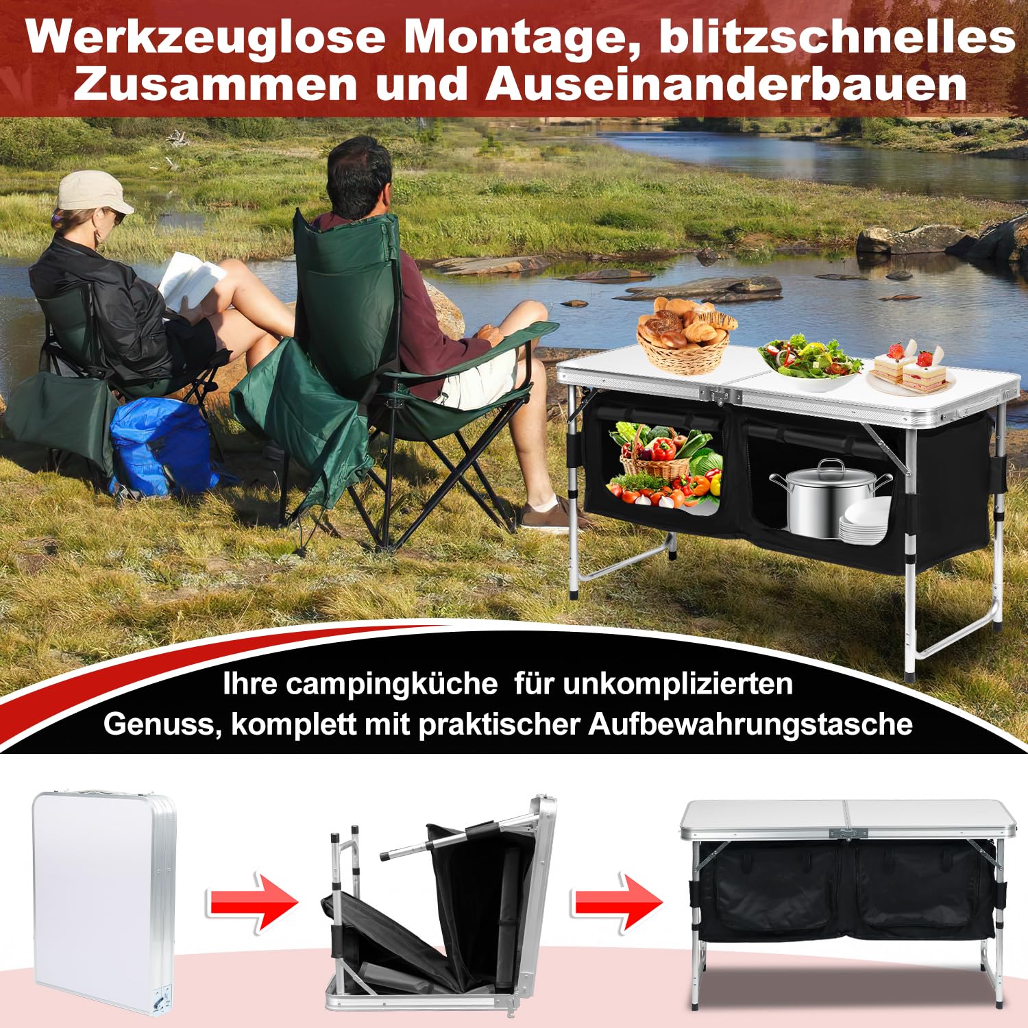 Cuisine de camping - Armoire de camping avec structure en aluminium - Pliable - Avec plan de travail résistant à la chaleur - Hauteur réglable - Pour le camping et l'extérieur - Sac de