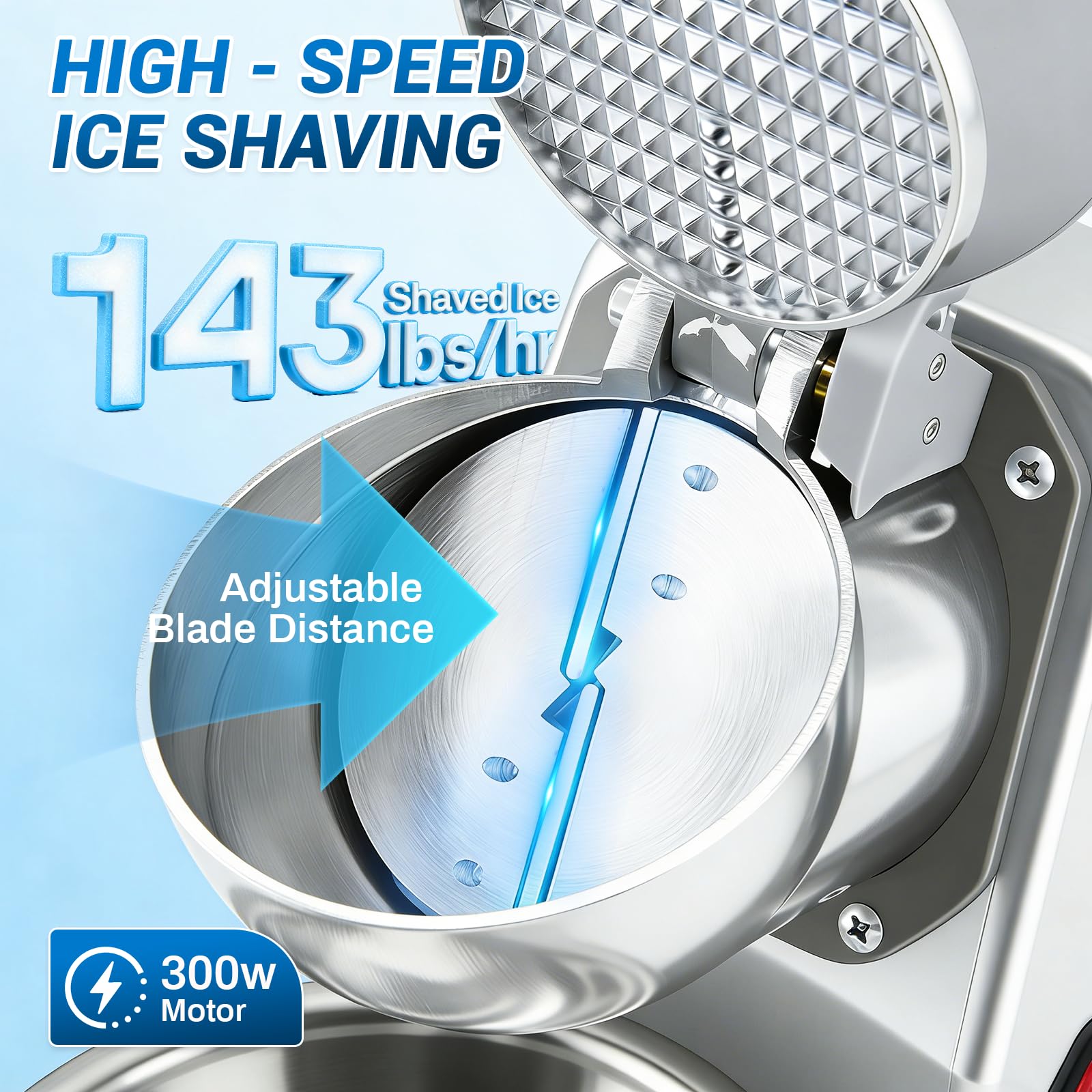 Elektrischer Eisrasierer, Edelstahl Eisbrecher 85kg/h mit 2 Klingen, Schüssel & Abdeckung, 300 W 2000 U/min Elektrisch Ice Crusher Machine für Smoothies, Cocktails, Silber