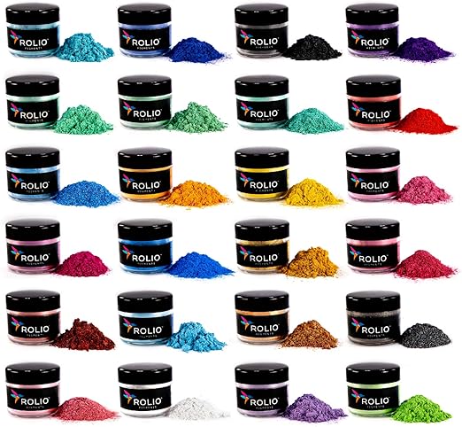 Rolio - Polvo Mica - 24 tarros de pigmento para pintura, tinte, fabricación  de jabón, esmalte de uñas, resina epóxica, fabricación de velas, burbujas  ...
