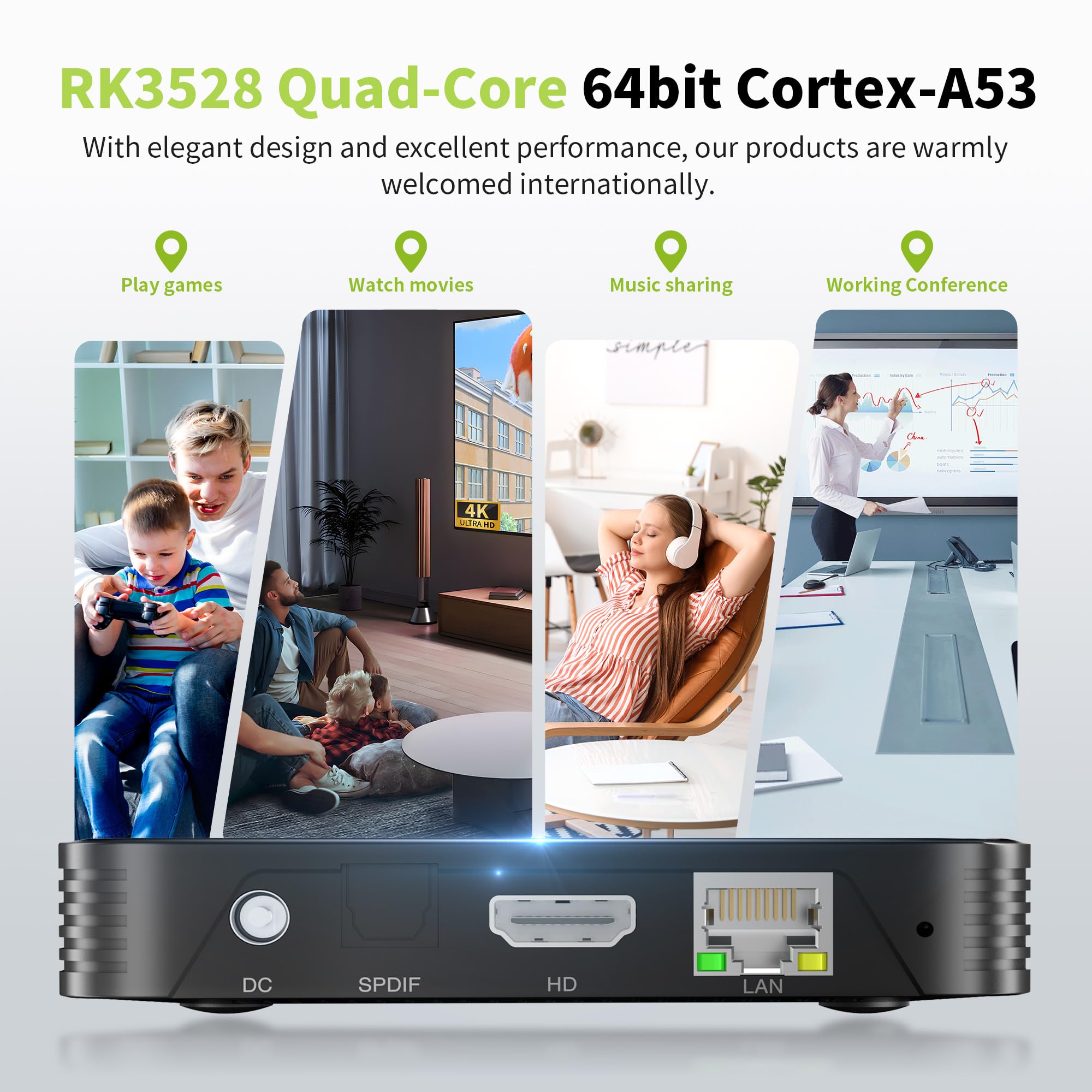 RUPA Android TV Box 13.0, Dernière Smart Box 2025 4Go RAM 64Go ROM RK3528 Media Box Support 2,4 G/5G WiFi BT5.0 HDMI 3.0 1000 M 3D 8K avec Télécommande