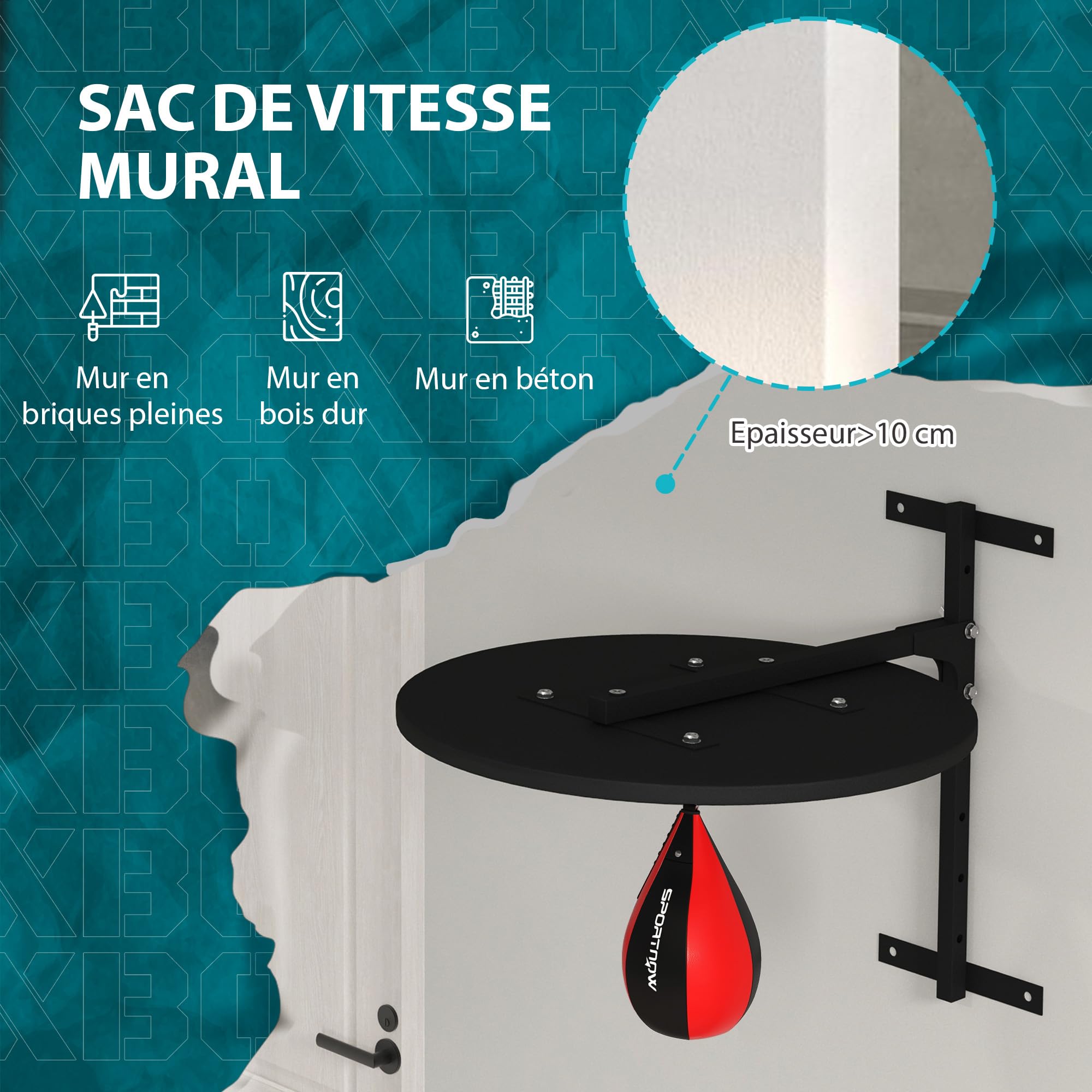 SPORTNOW Plateforme Murale avec Poire de Vitesse, Sac de Frappe, pour entraînement de Boxe, pivotant à 360° Hauteur Ajustable, Noir et Rouge